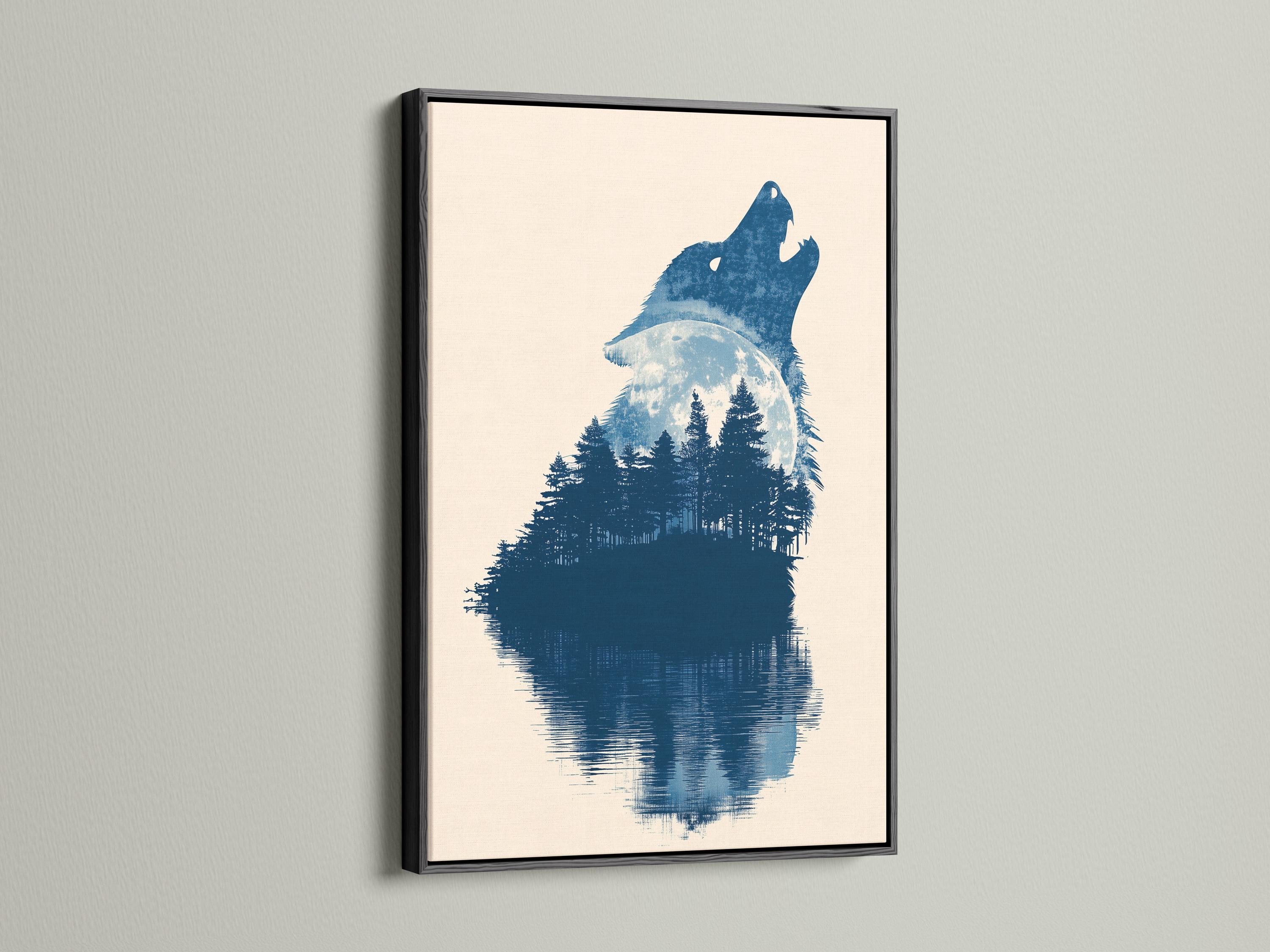 Indigo blue howling wolf silhouette filled with forest trees on a pale beige background detail view