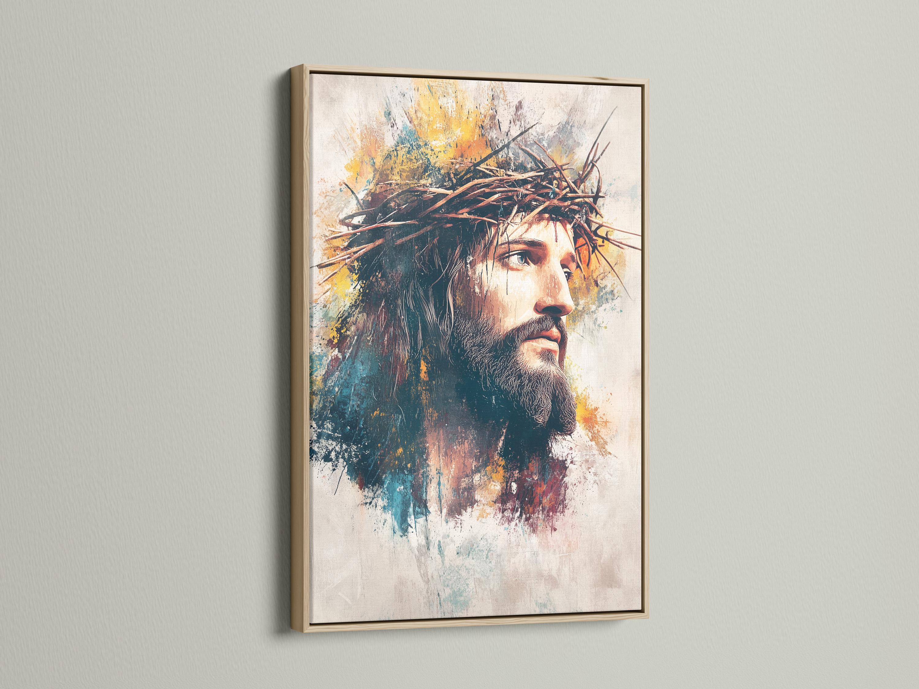 Textured portrait of a man in side profile with a thorn crown motif, in cream, teal and gold tones detail view