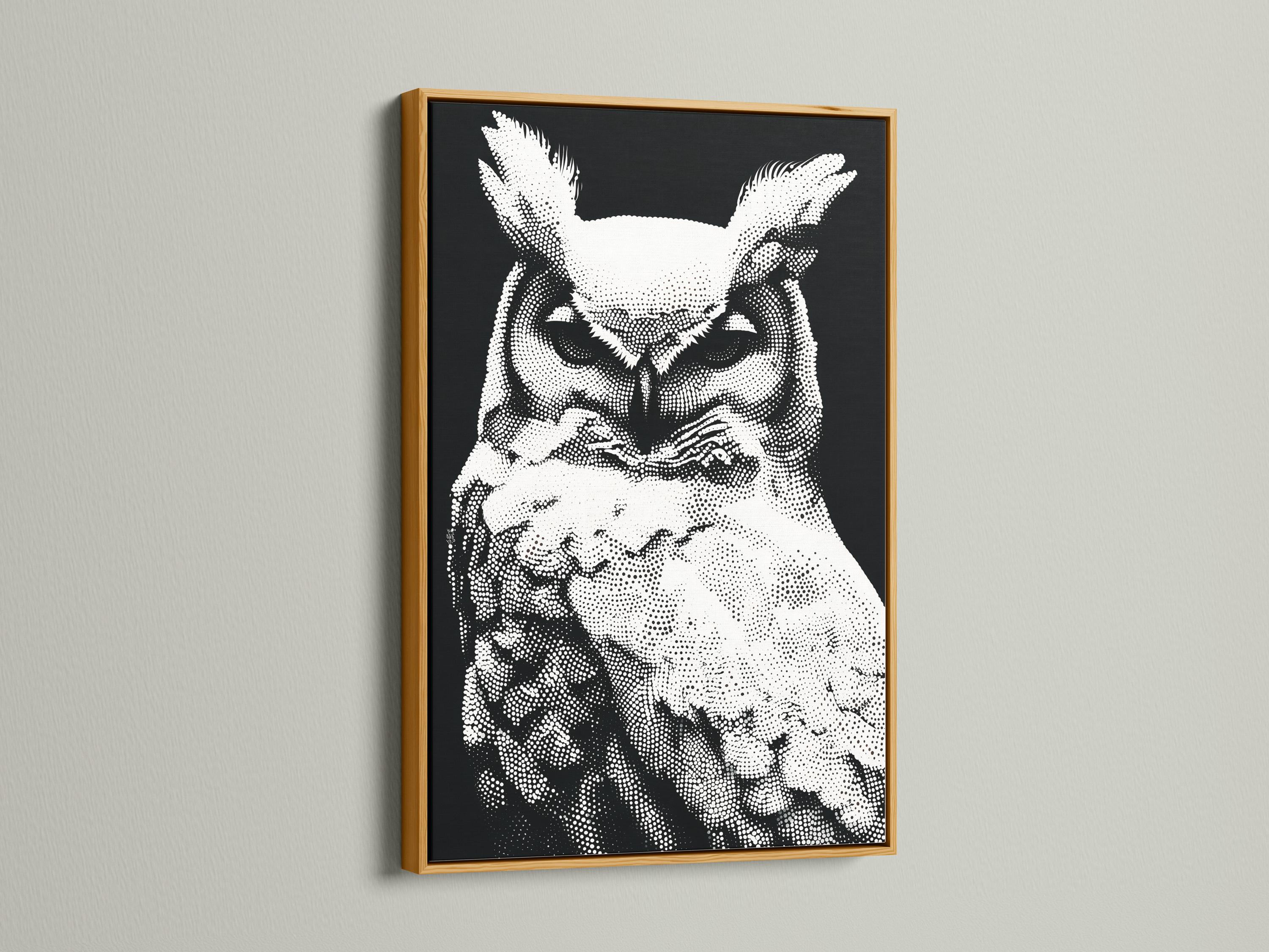 Black and white owl portrait made from dense dotted patterning detail view