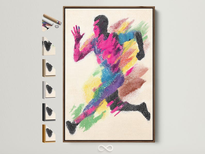 Stylised rainbow runner figure with black dot patterning against a light ivory background