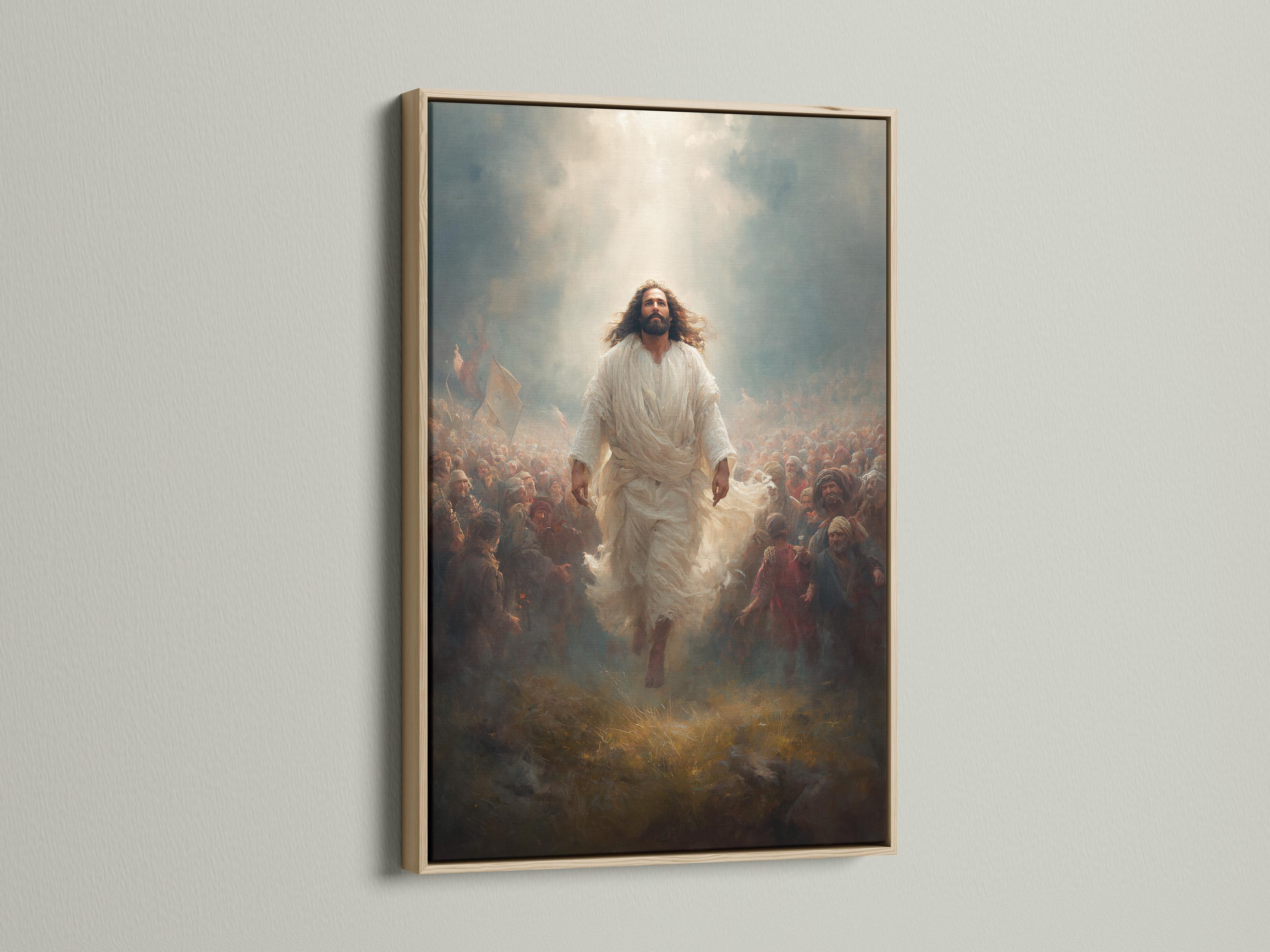 Painted religious scene with a central robed figure walking through a crowd amid haze and flags detail view