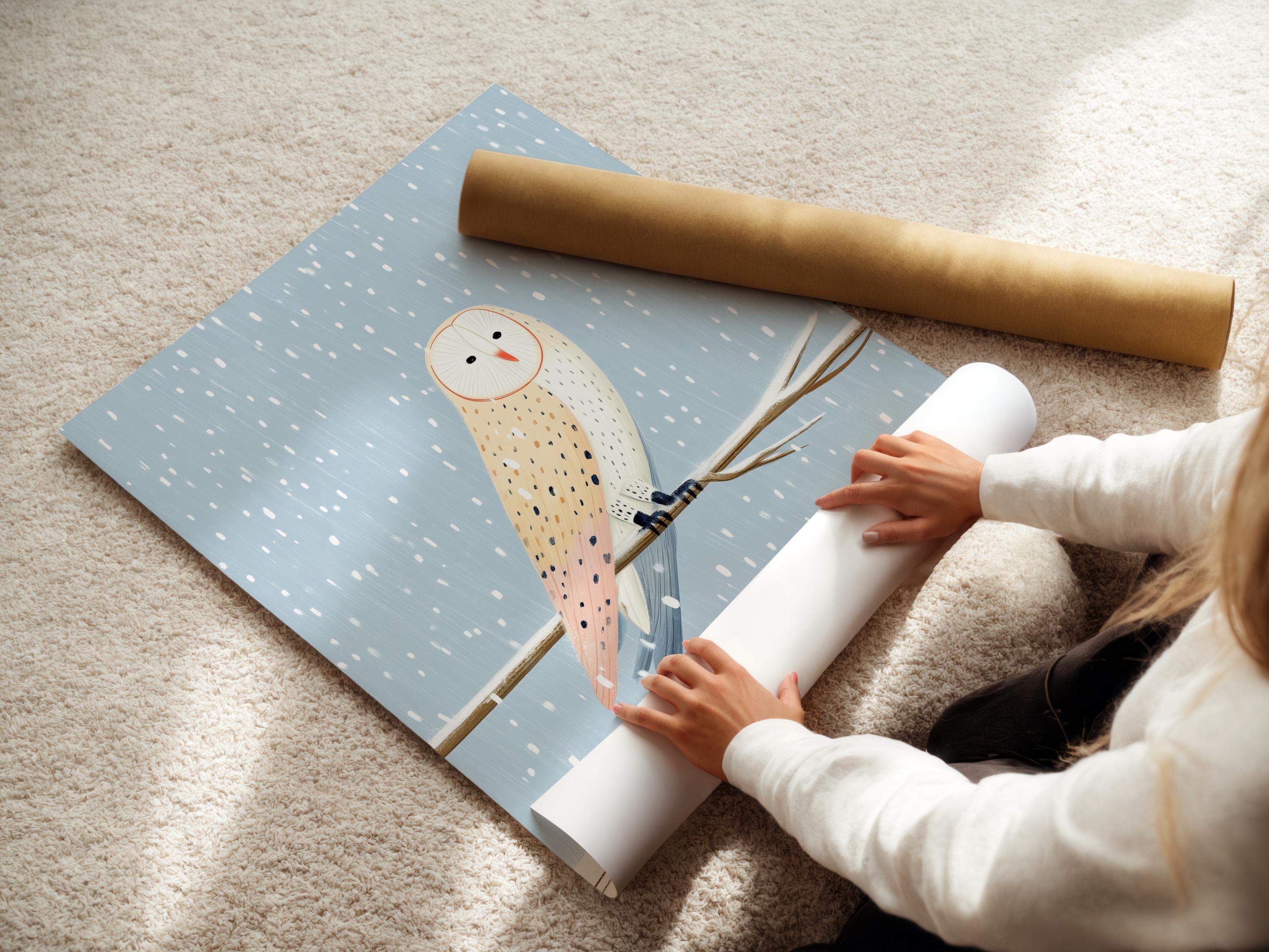 Illustrated owl flying through falling snow in a blue winter scene detail view