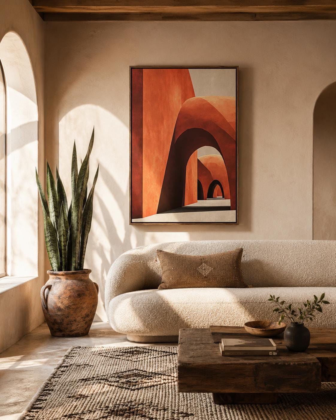 Abstract geometric archway artwork in terracotta, cream and dark outlines detail view