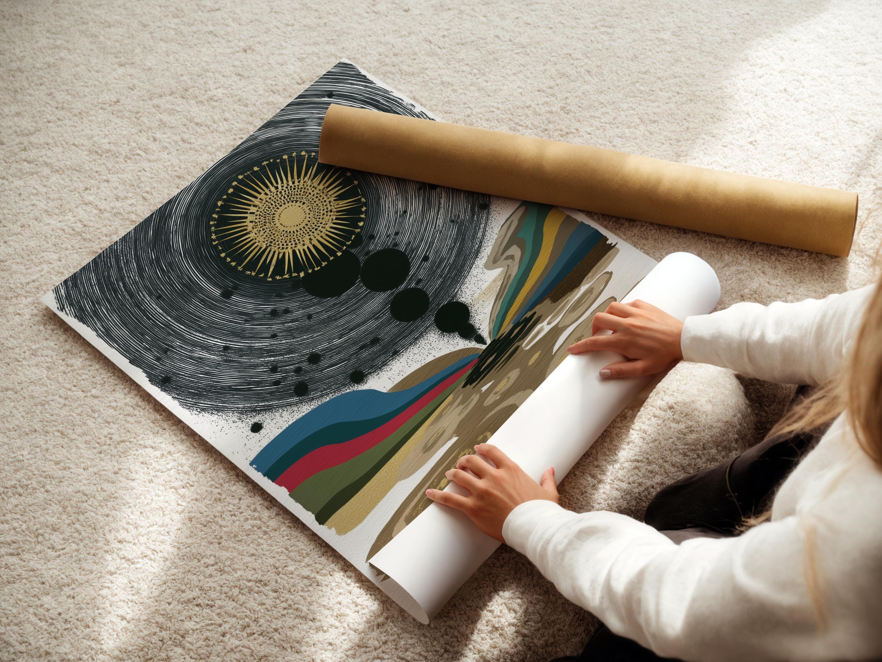 Abstract celestial eye with gold sunburst, concentric black lines and multicoloured wave bands detail view