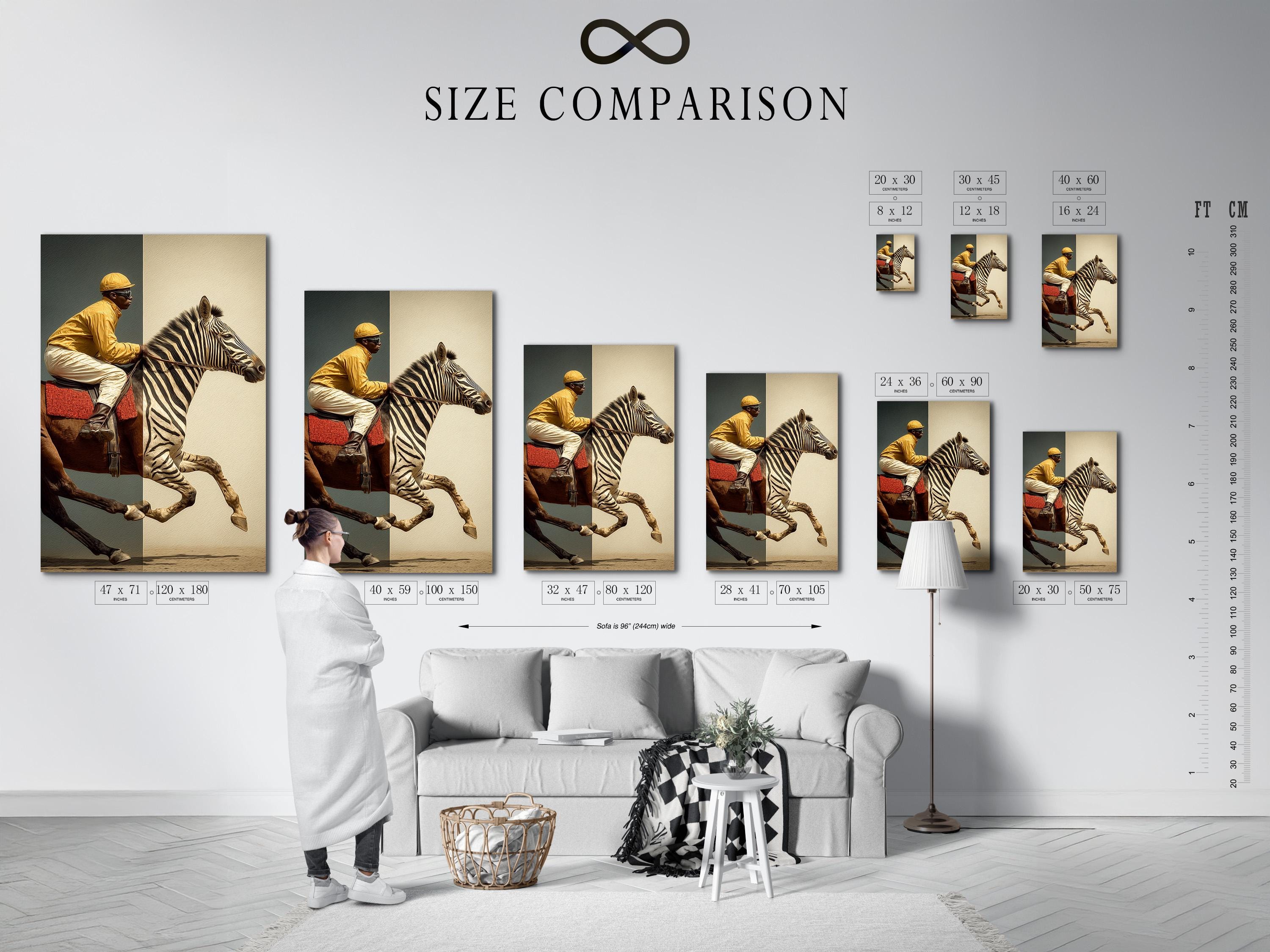 Room mockup showing framed zebra jockey artwork on a wall with side panel images