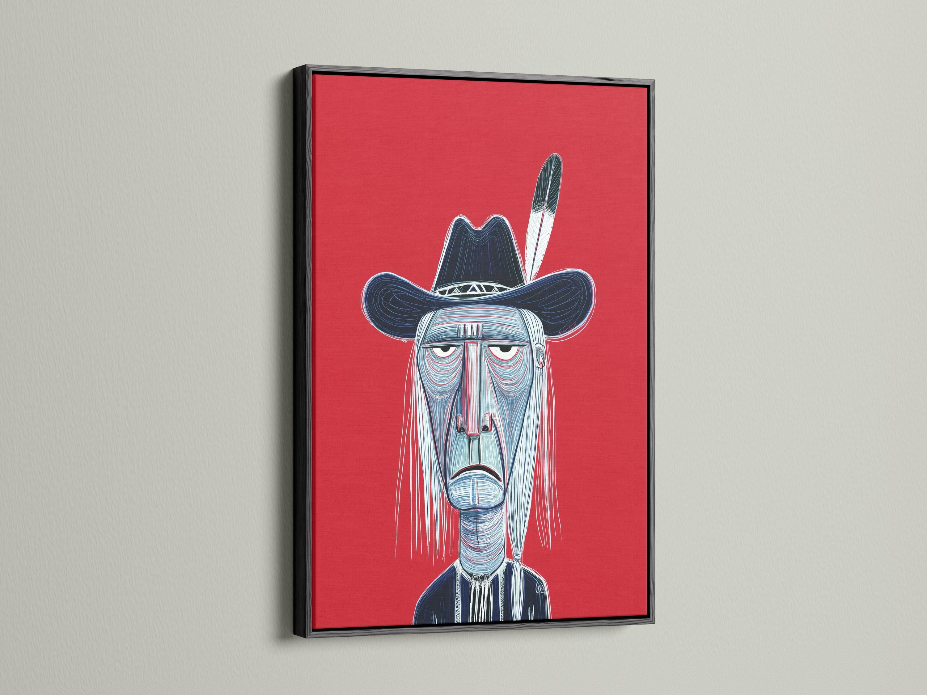 Stylised cowboy portrait with a wide-brim hat on a red background detail view