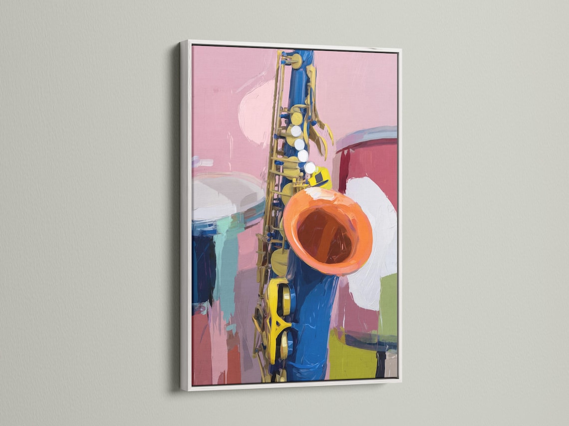 Square framed artwork mockup showing a colourful saxophone illustration on a wall