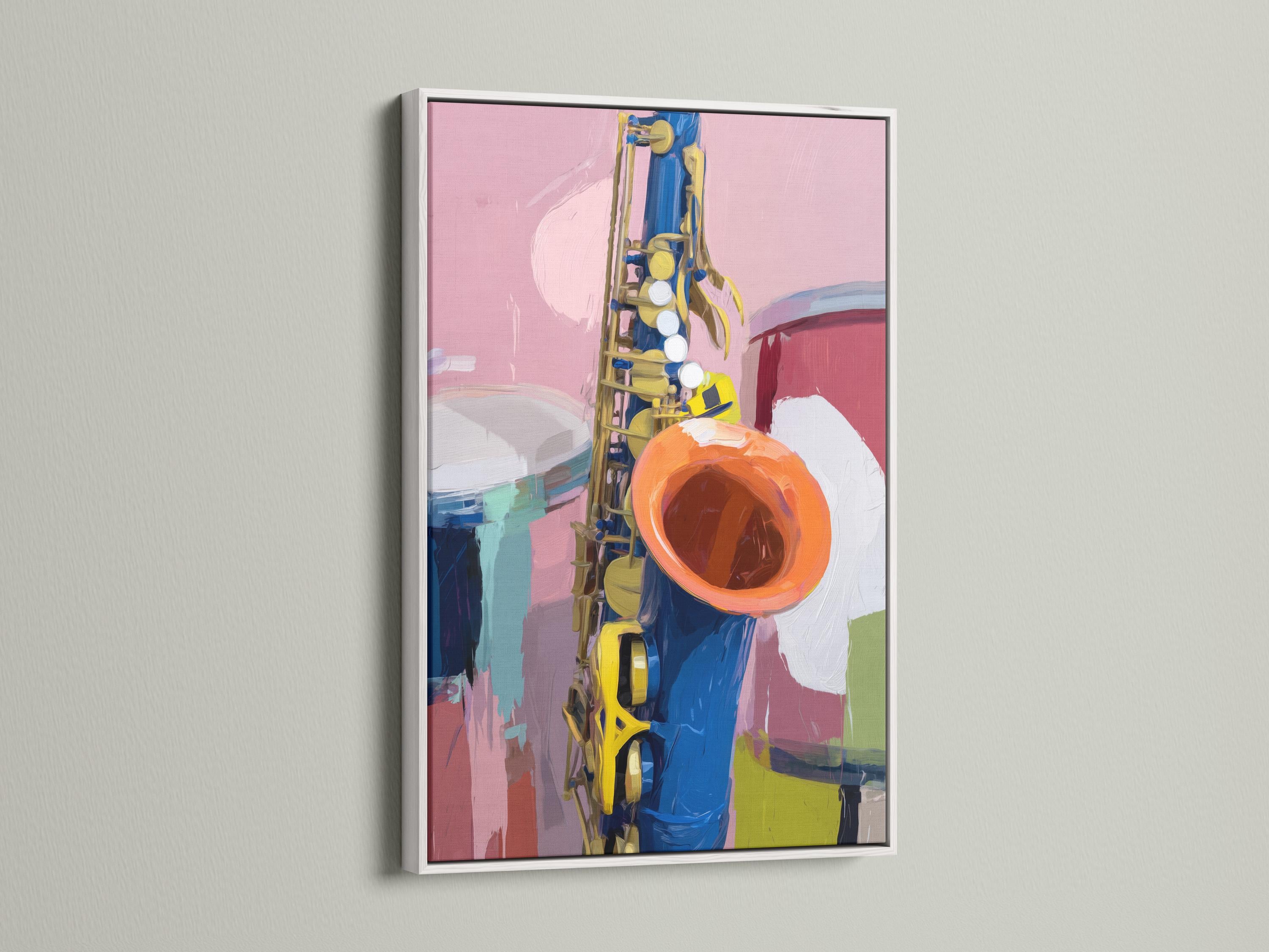 Square framed artwork mockup showing a colourful saxophone illustration on a wall