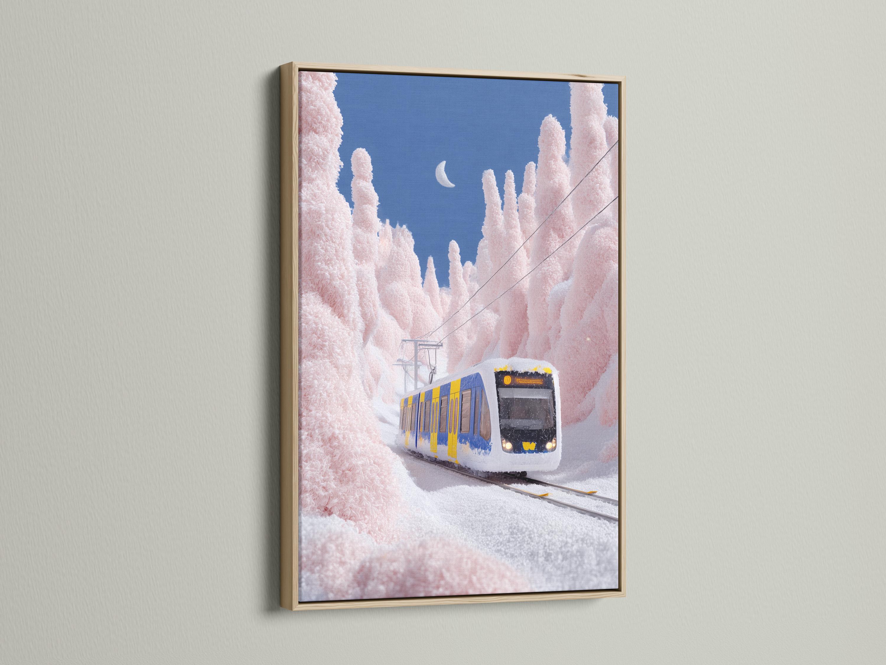 Snowy train on diagonal tracks with a pale moon above blush-pink winter trees and deep blue sky detail view