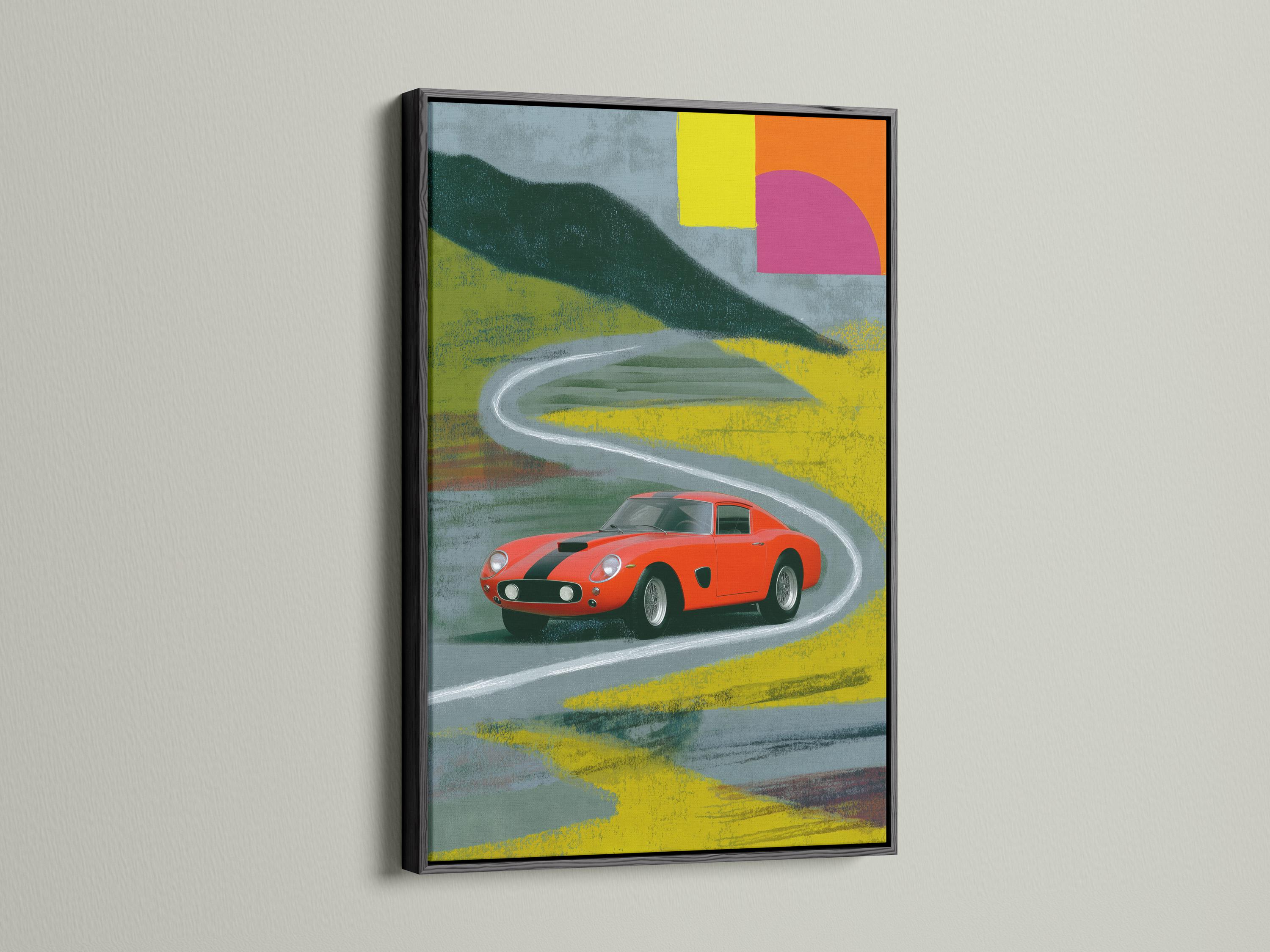 Red vintage race car on a curving track with geometric blocks in pink, yellow and green detail view