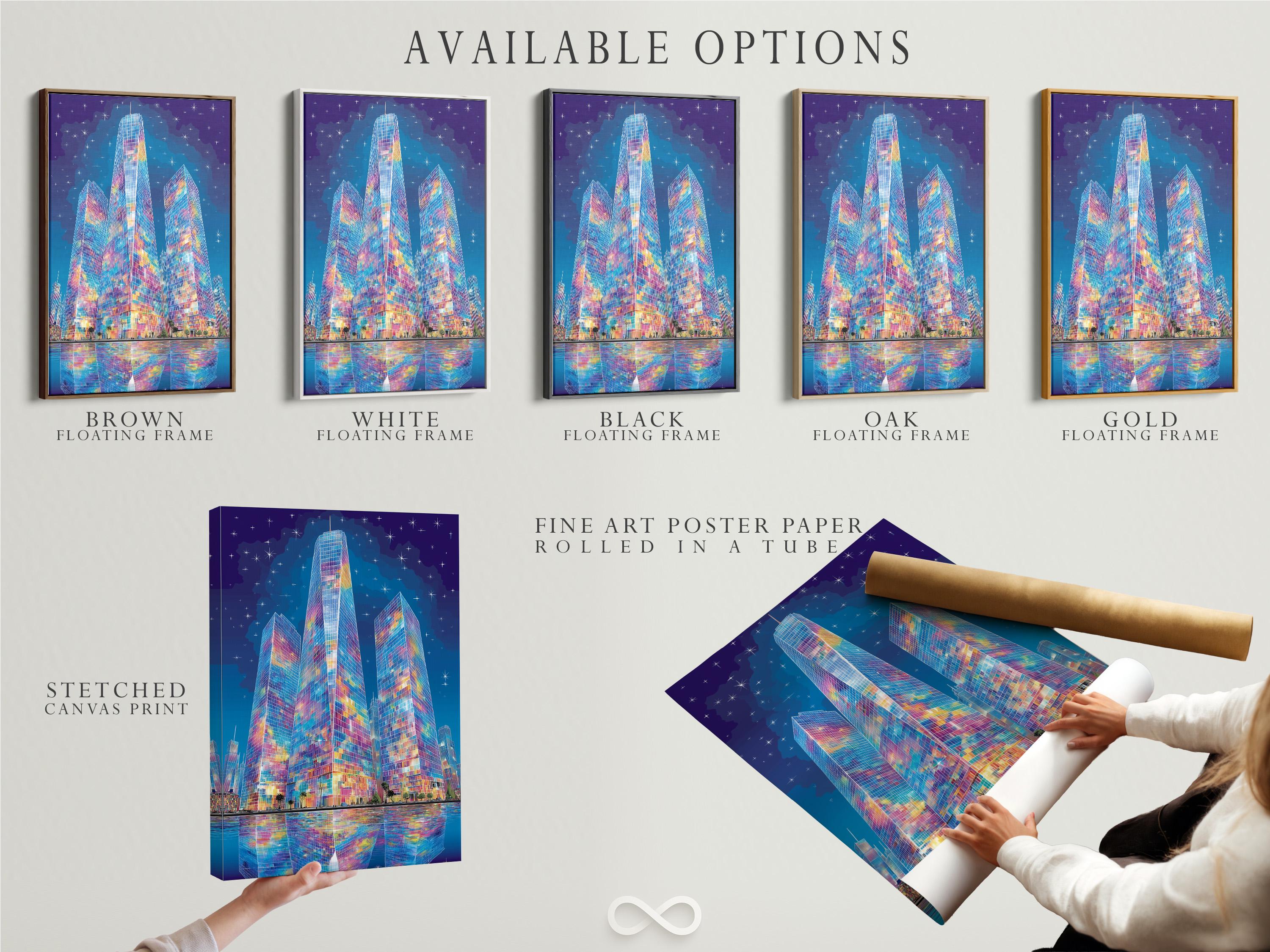 Mockup showing an artwork of a colourful abstract city skyline with skyscrapers and starry sky