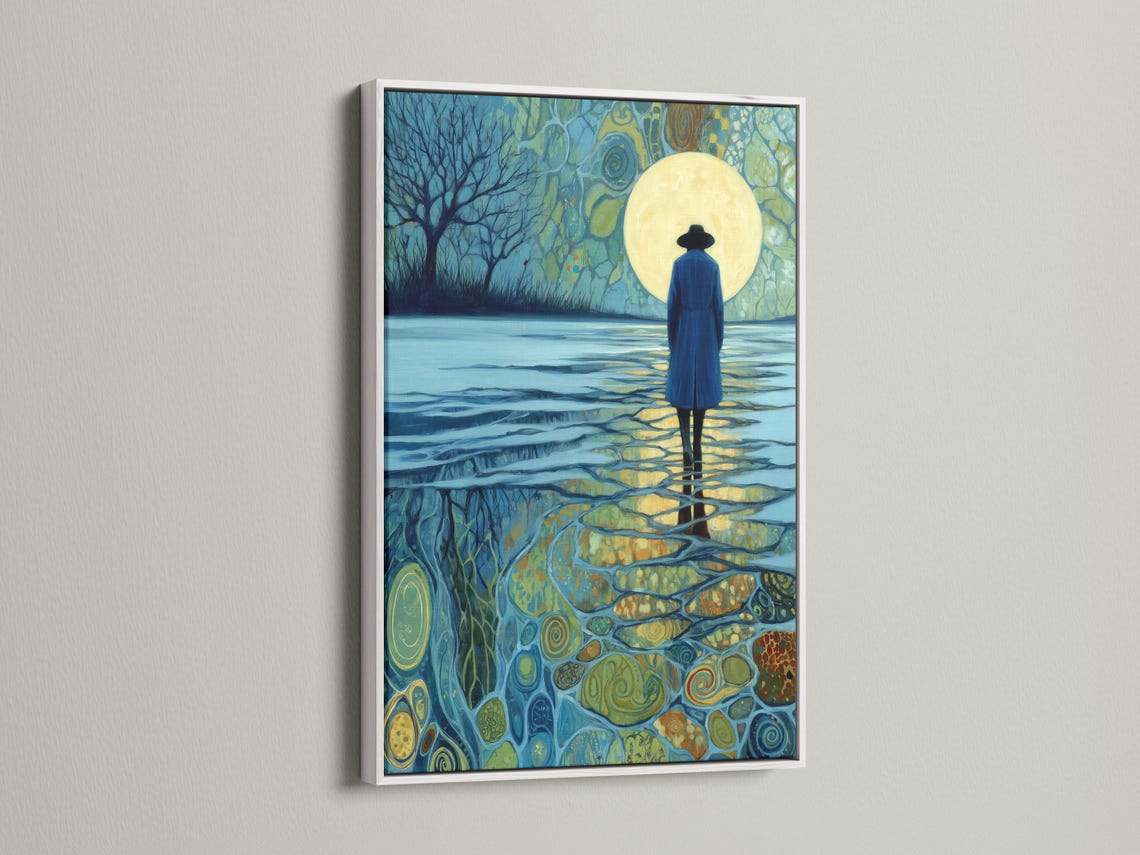 Moonlit night scene with a silhouetted figure standing in reflective water beneath a glowing moon detail view
