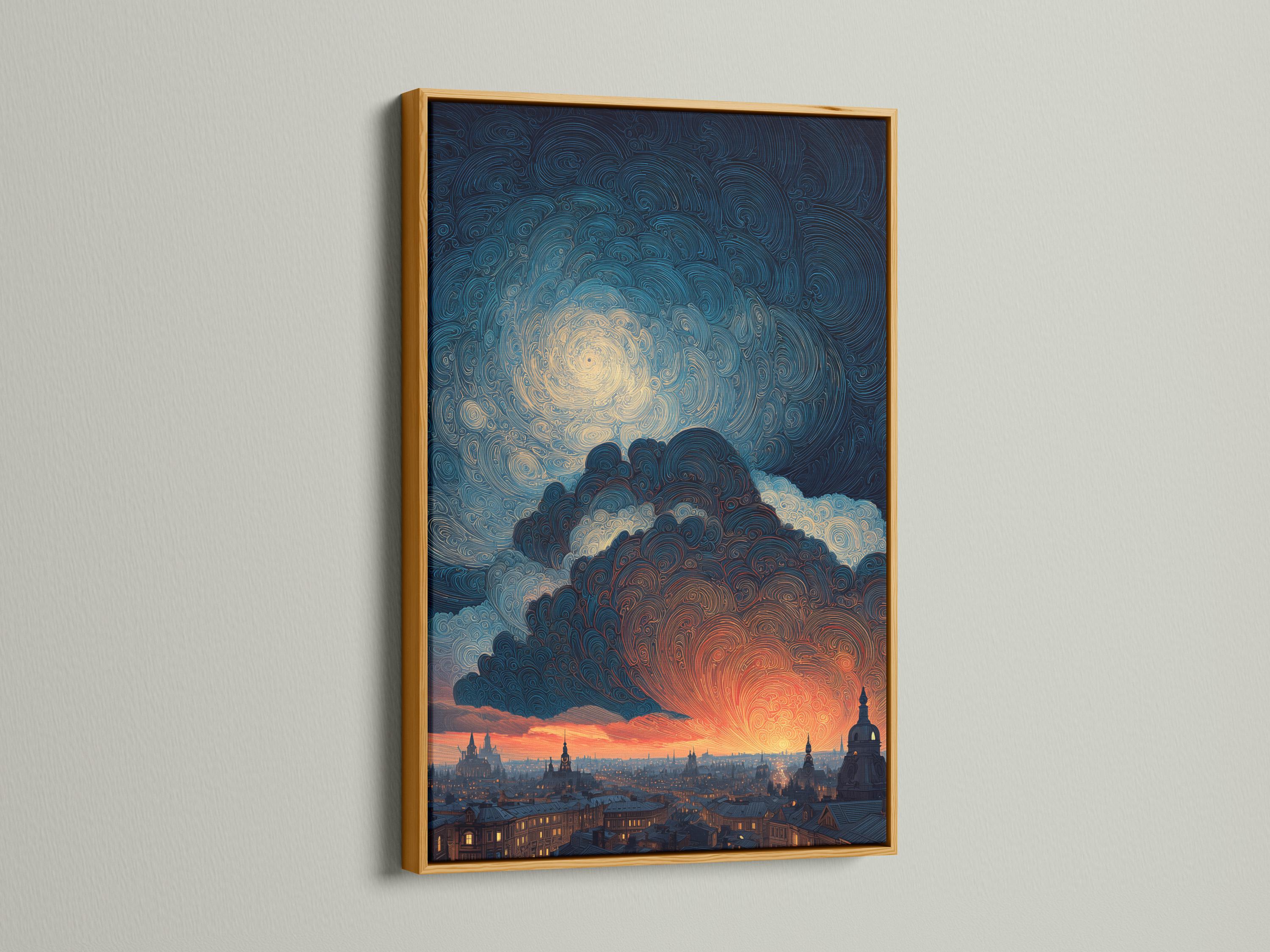 Room mockup showing framed artwork with a swirling night sky cityscape and orange sunset glow