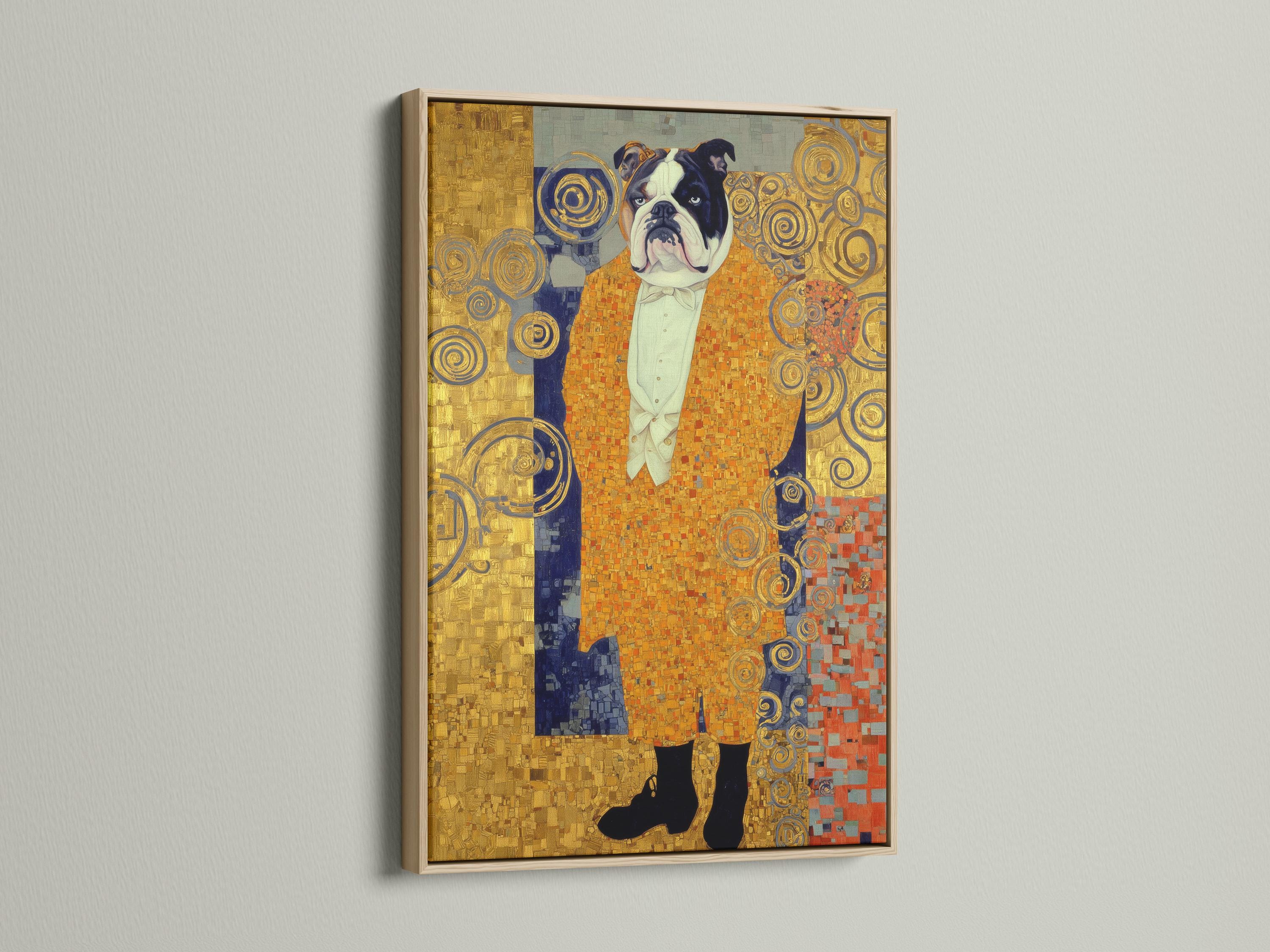 Stylised bulldog portrait with gold ornamental swirls and mosaic-like background in blue and warm reds detail view