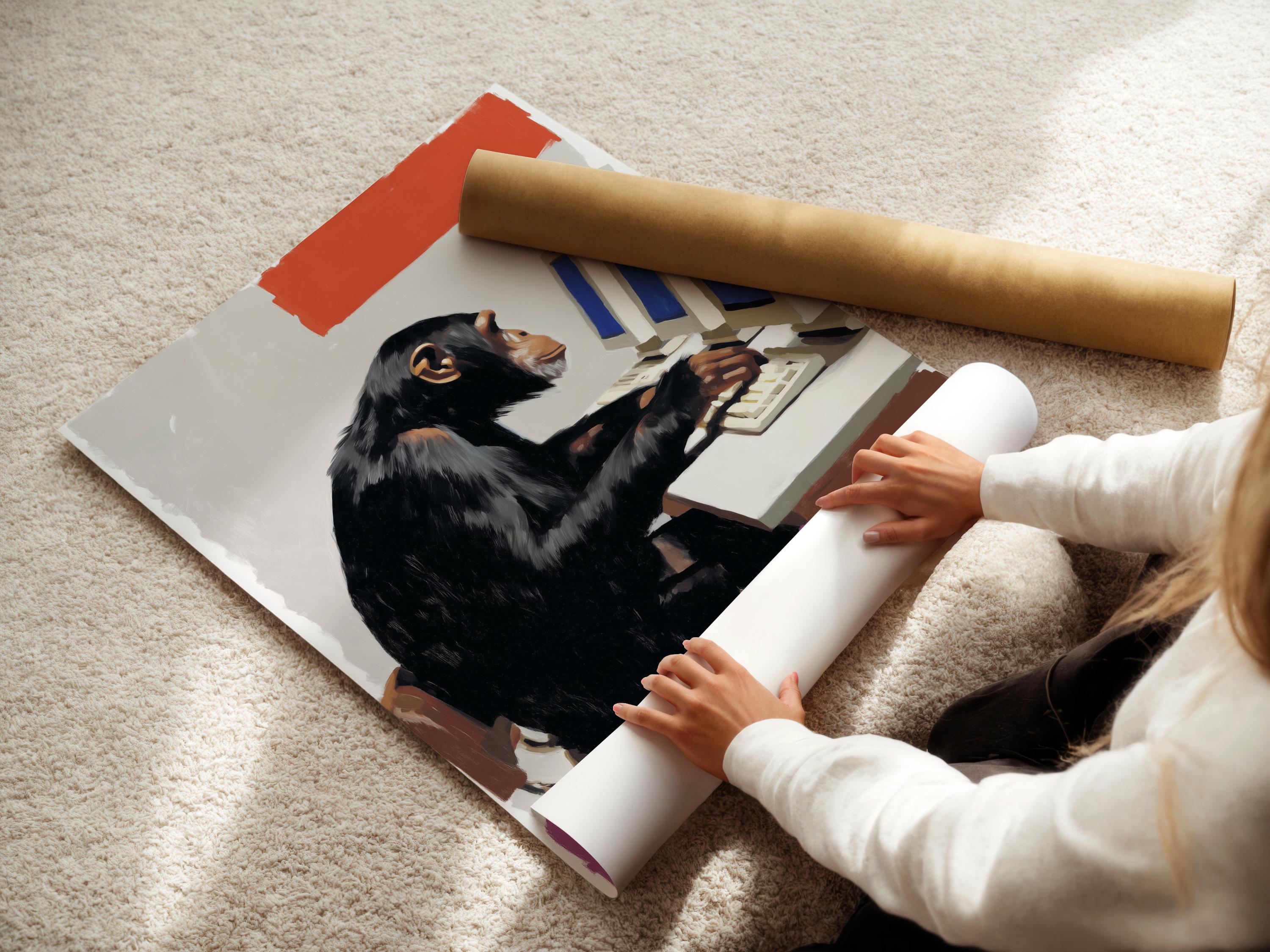 Stylised chimpanzee at a computer with purple and cream blocks and blue screen accents detail view