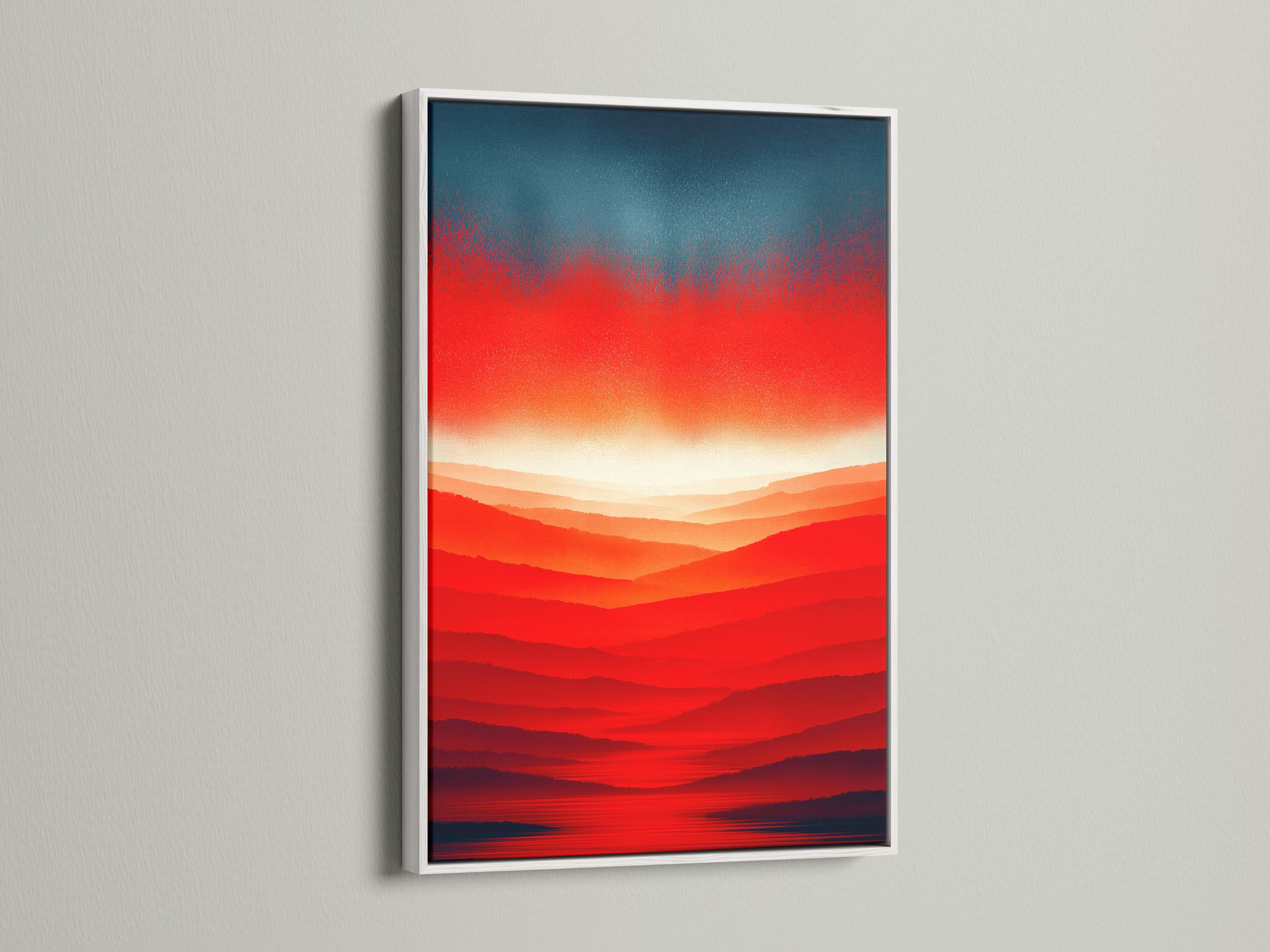 Room mockup showing a red orange sunset mountain landscape artwork on a wall