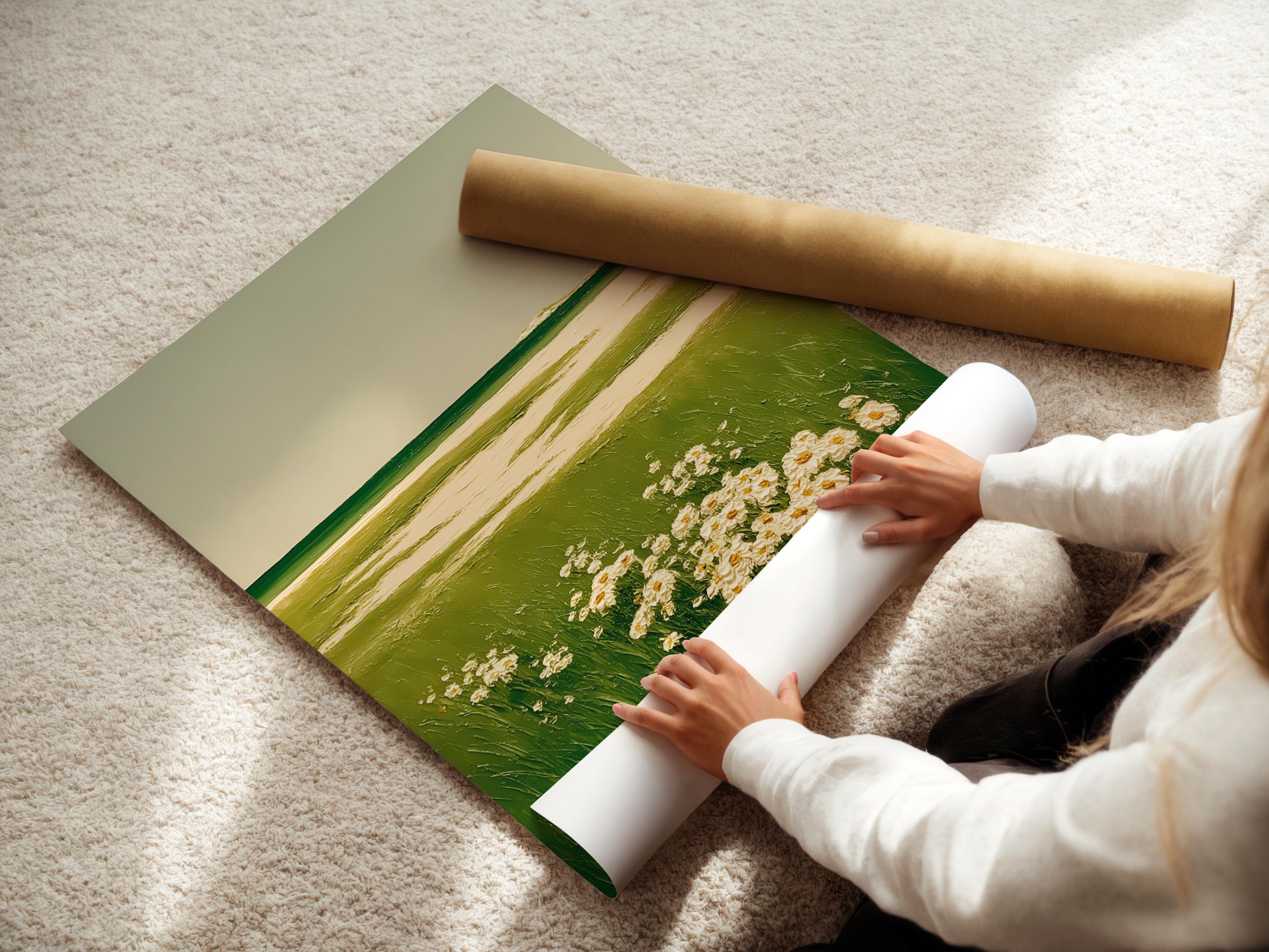 A framed landscape artwork on a light background wall showing green meadow grasses and cream flowers