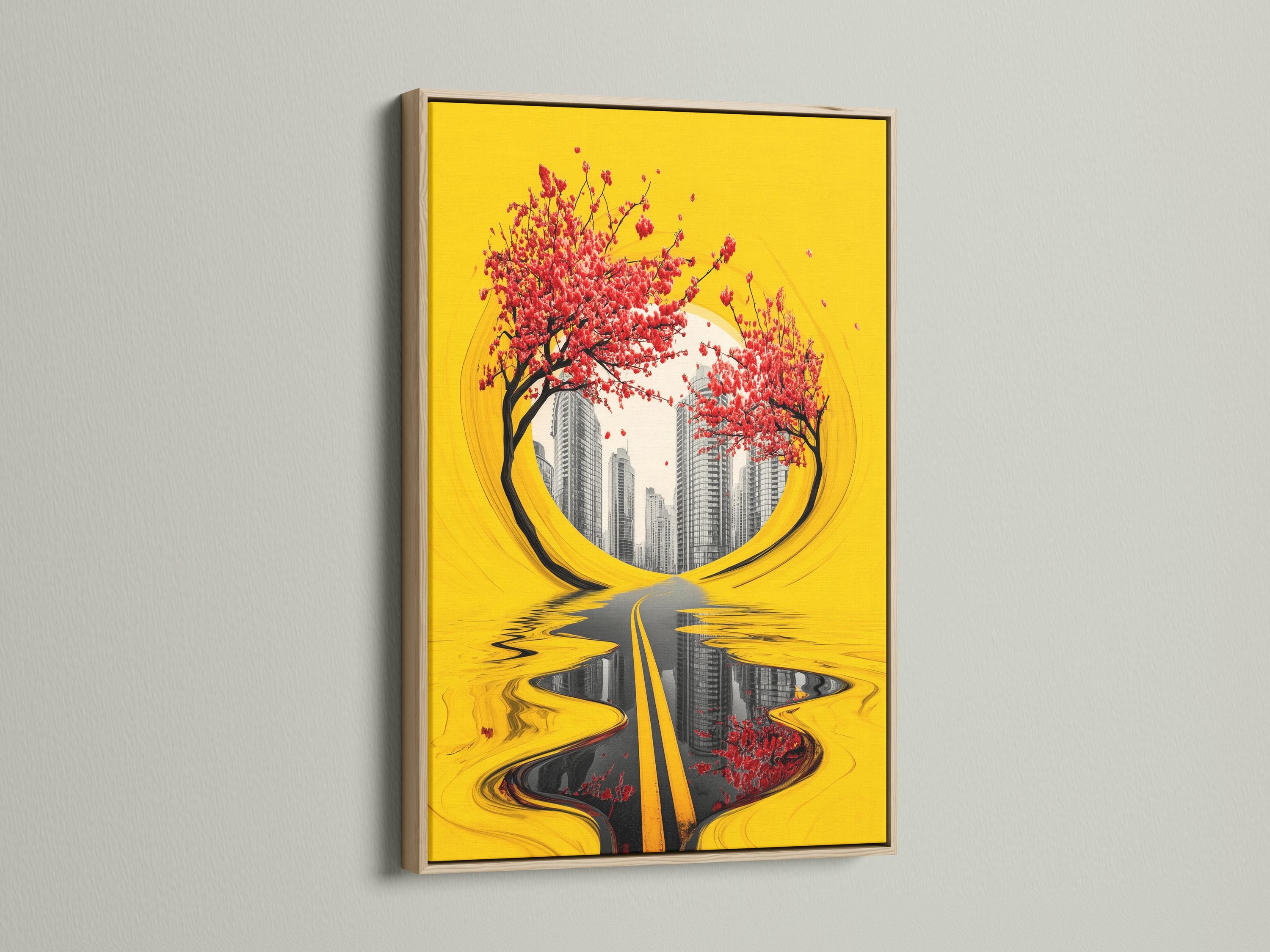 Yellow abstract cityscape with red blossom branches and a reflective road in the centre detail view
