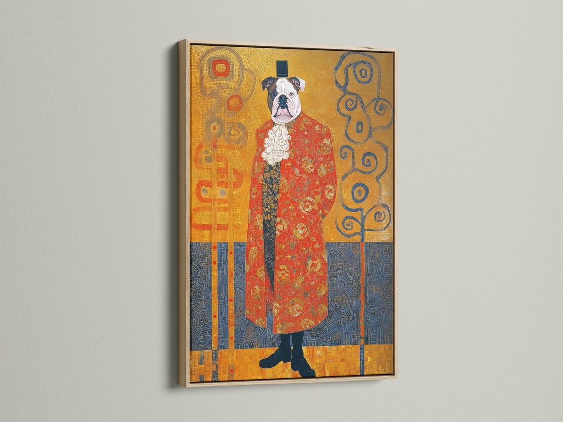 Stylised bulldog portrait with warm gold mosaic background, red coat and deep navy ornamental swirls detail view