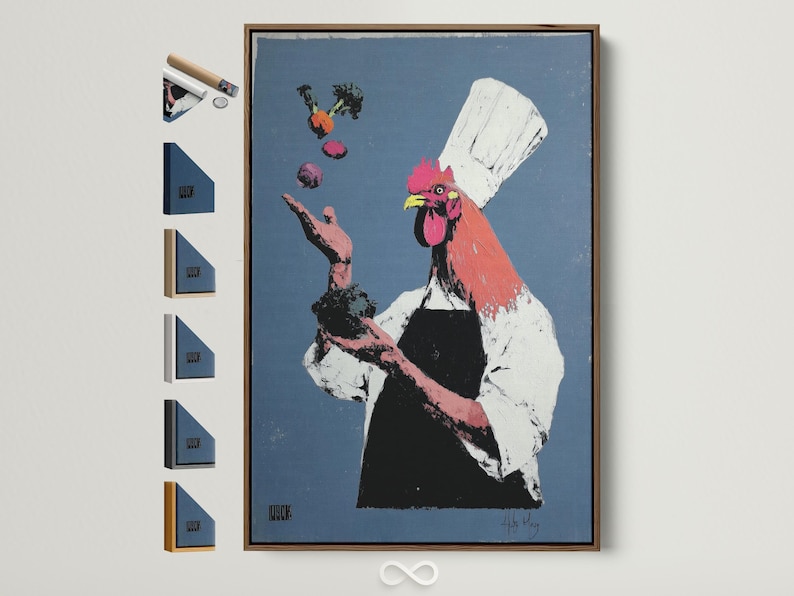 Rooster chef illustration with a tall white hat on a blue background with pink, black and yellow details