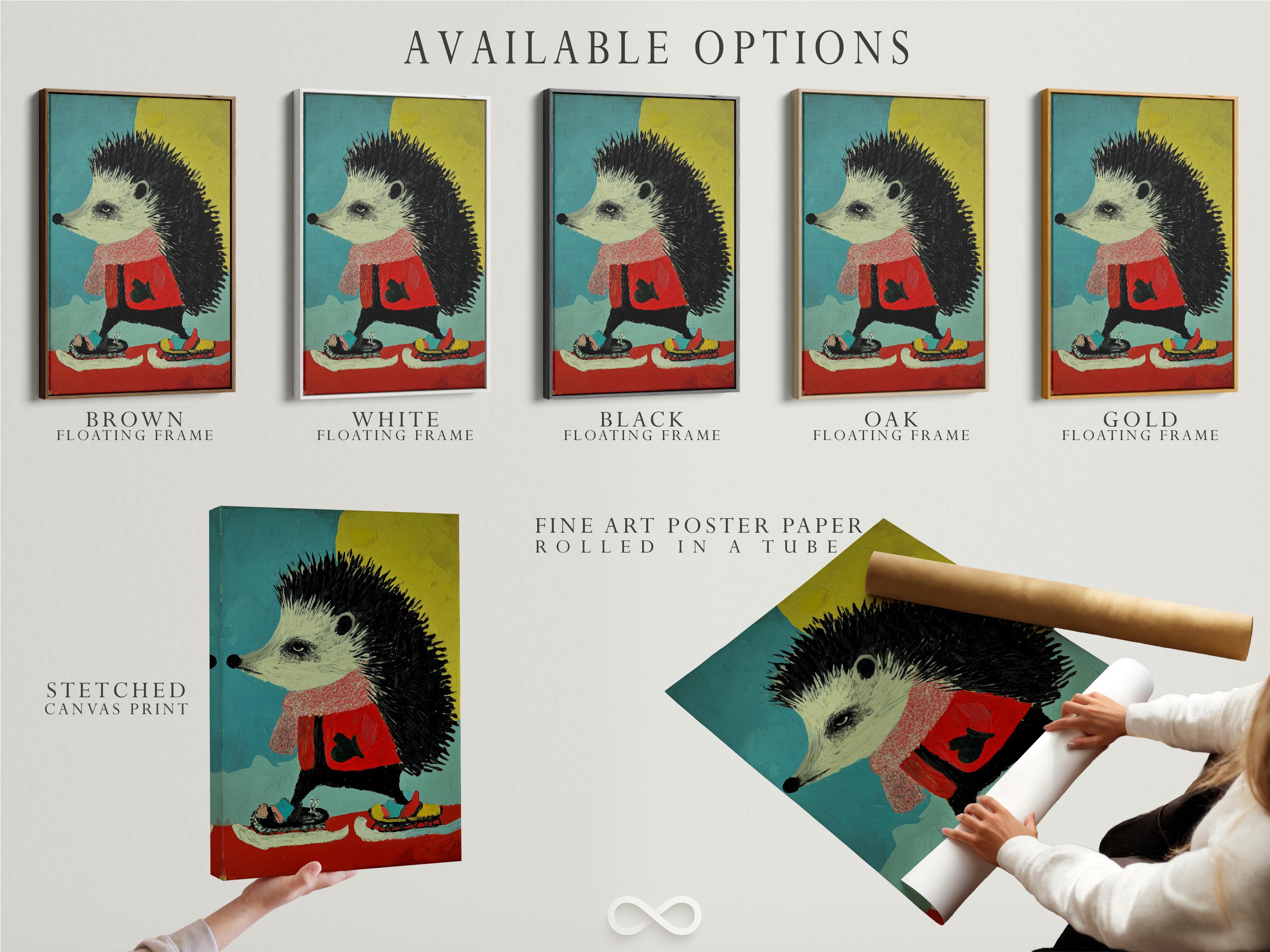 Cartoon hedgehog with a red jacket on a teal, yellow and red graphic background detail view