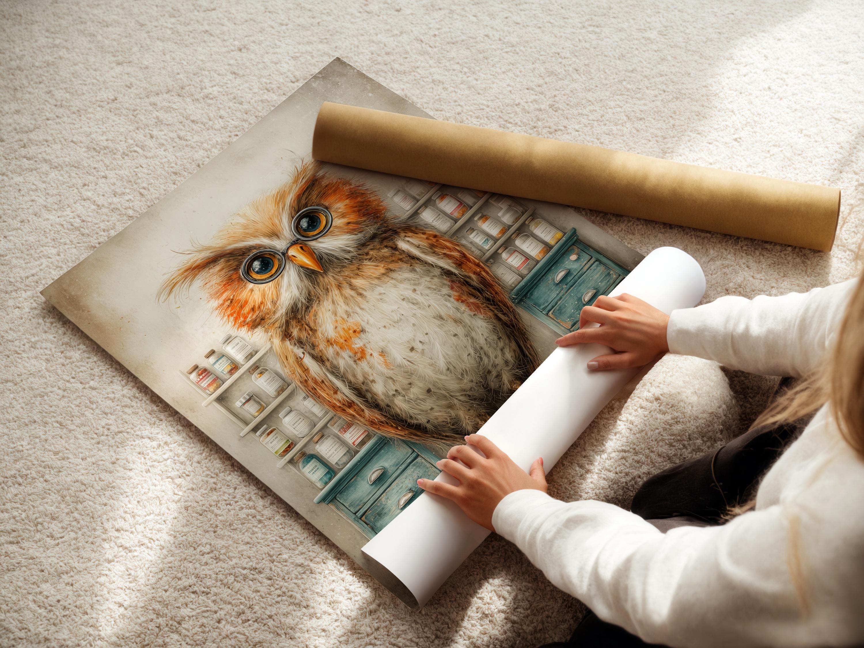 Bespectacled owl with round glasses in a vintage apothecary scene with shelves of jars and teal drawers detail view
