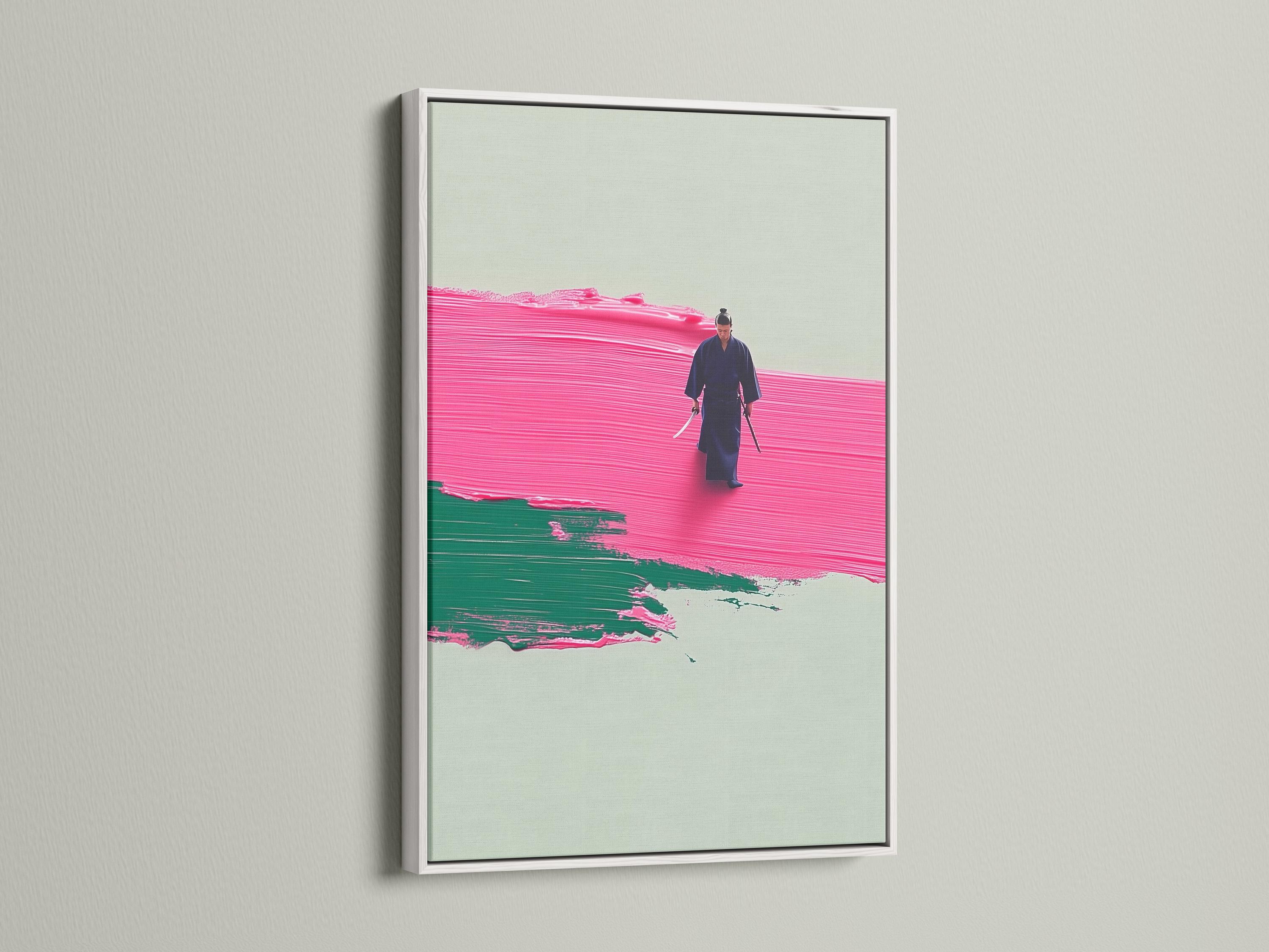 A stylised warrior figure walking across hot pink and emerald green textured bands on a pale background detail view