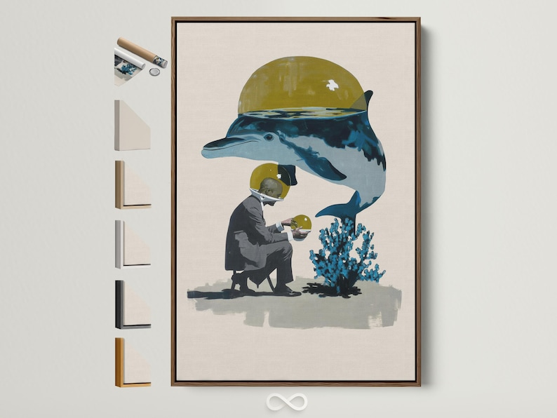 Surreal dolphin in blue with a yellow helmet-like dome and a person holding a round yellow object