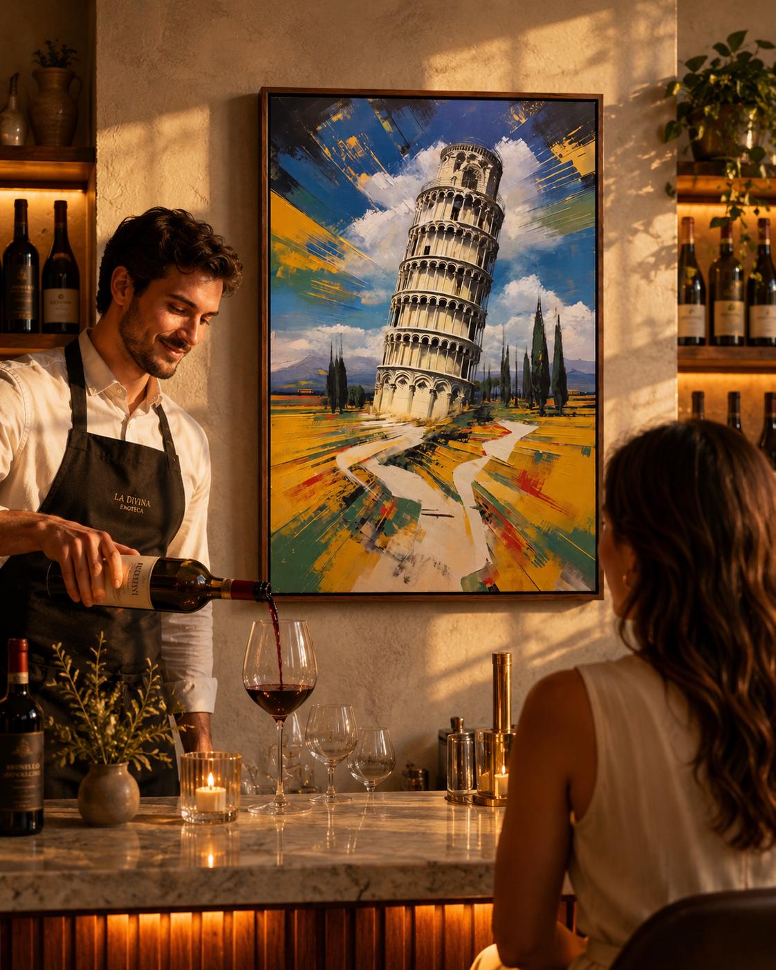 Man standing by a framed Leaning Tower of Pisa painting in an office-like room