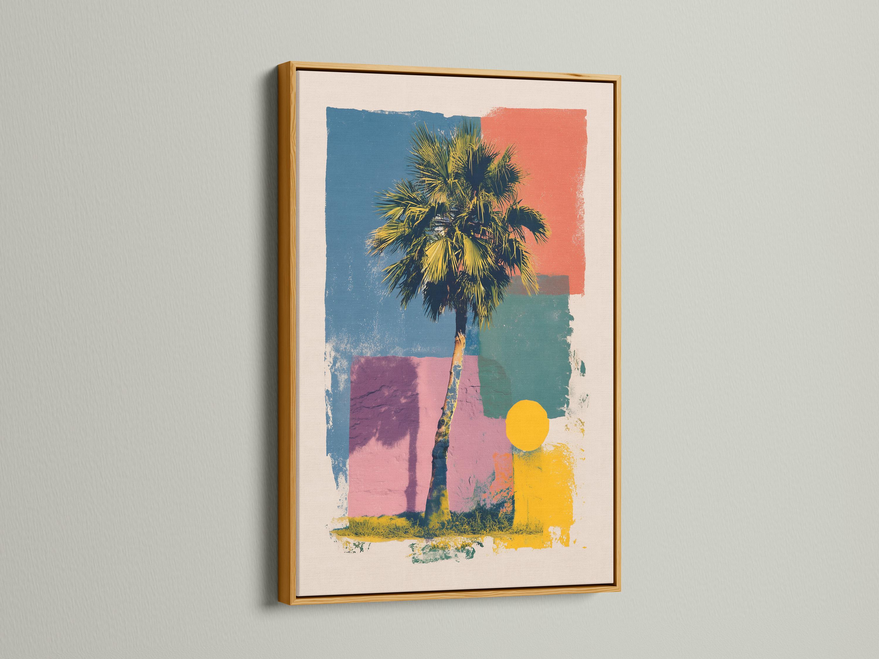 Room mockup showing palm tree pop-art wall artwork with a frame