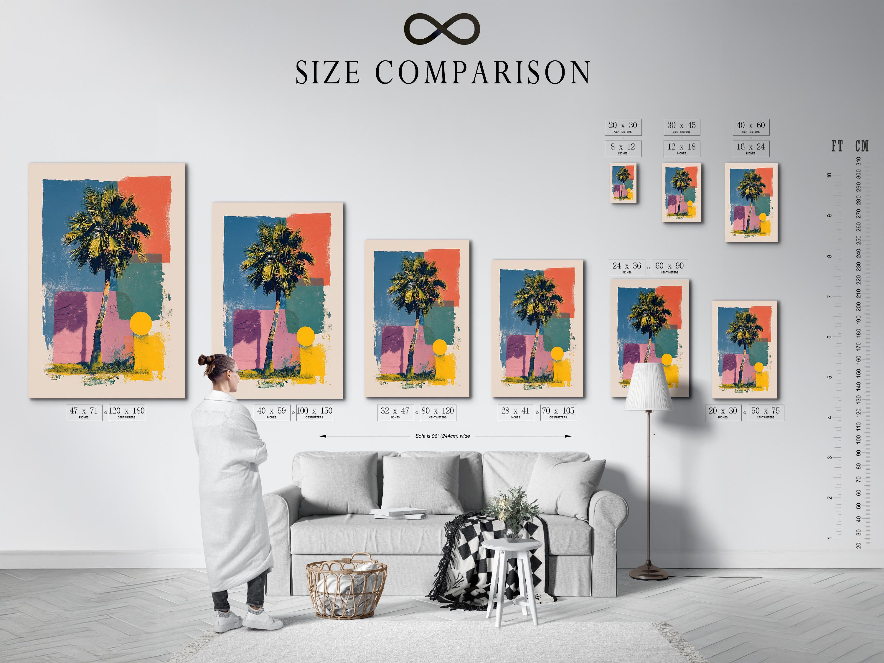 Room mockup showing palm tree pop-art wall artwork with a frame
