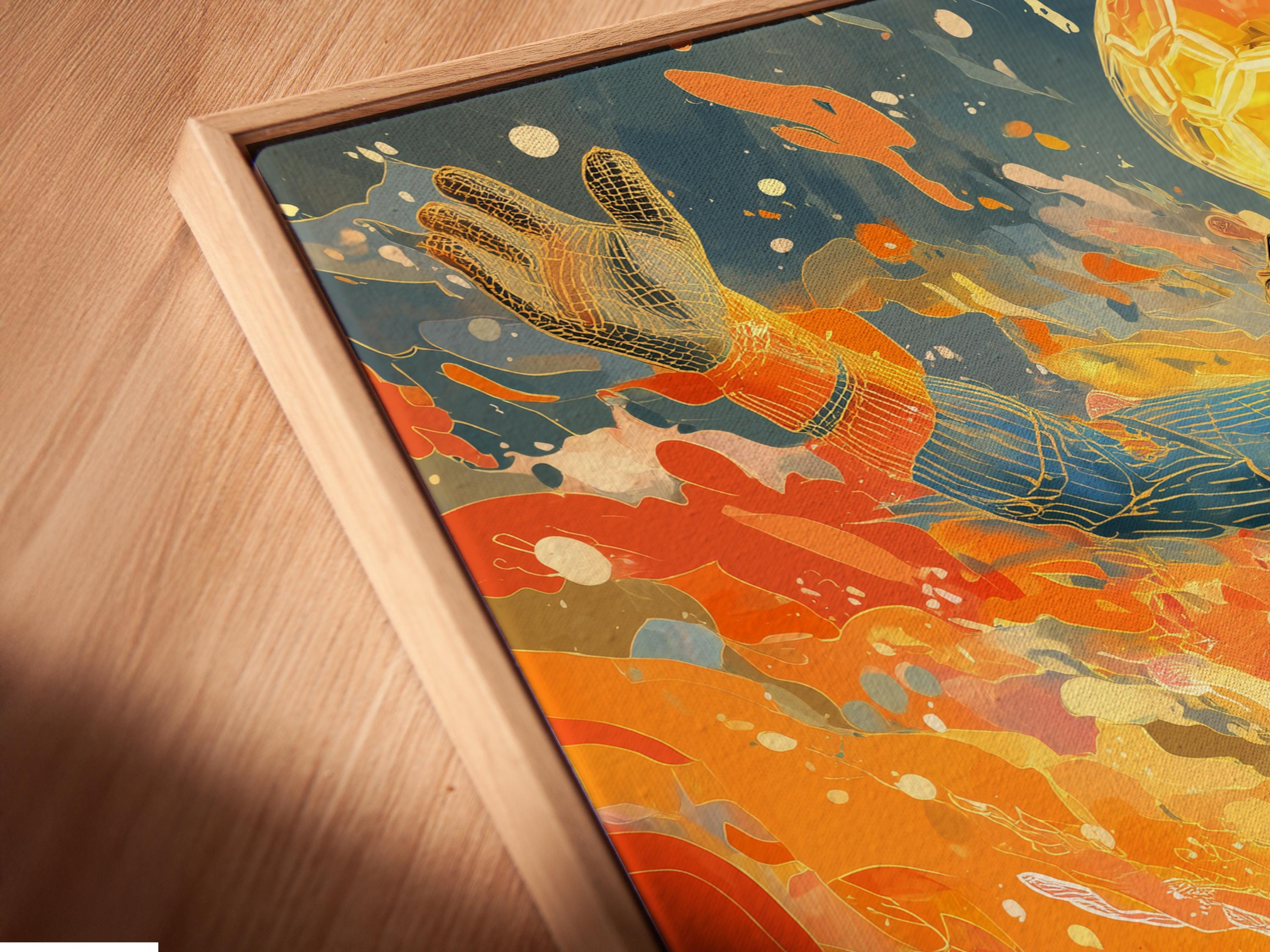 Stylised soccer goalie diving with a glowing football in orange and blue splashes detail view