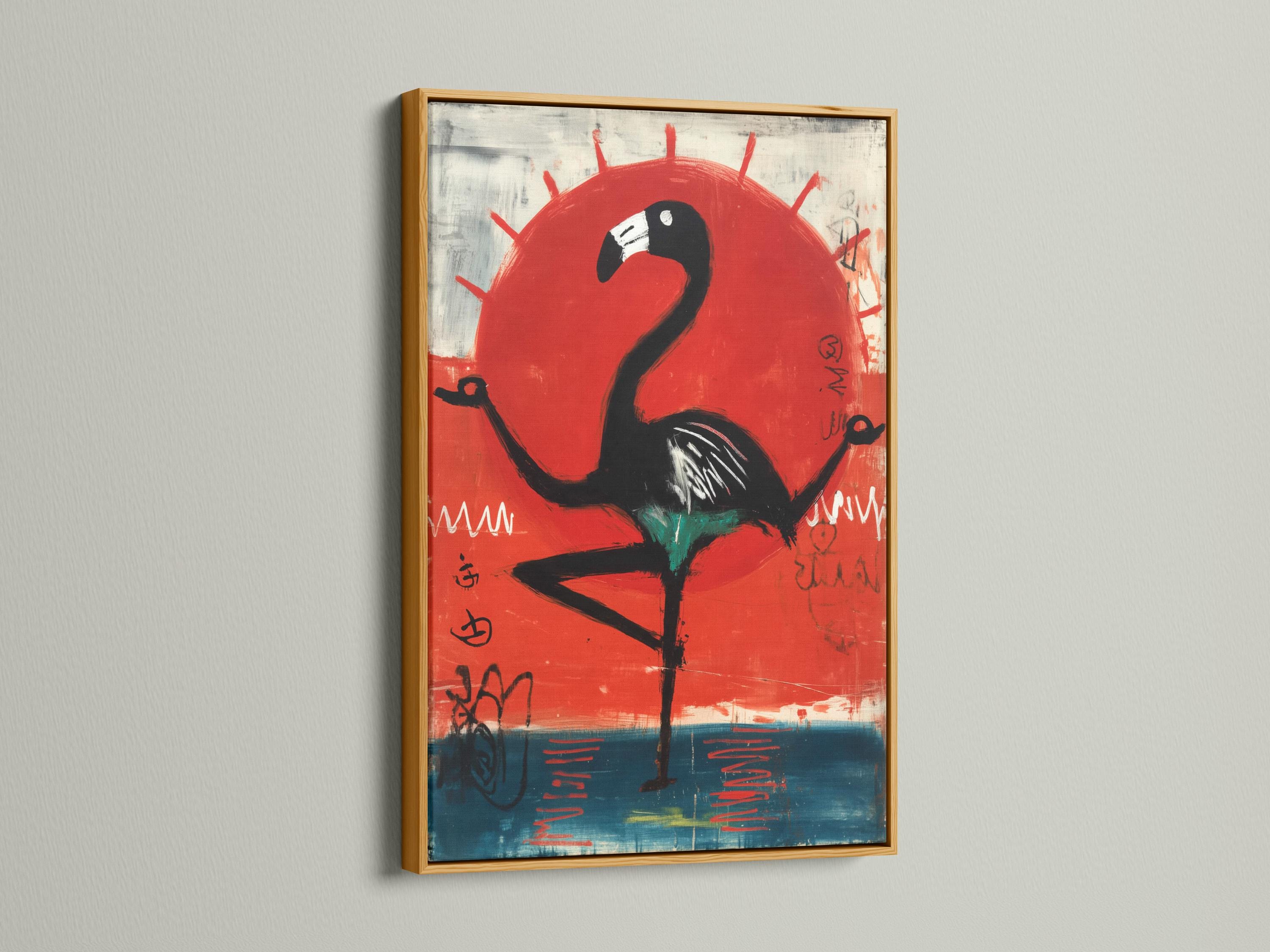 Stylised black flamingo beneath a large red sun over teal-blue and grey abstract marks detail view