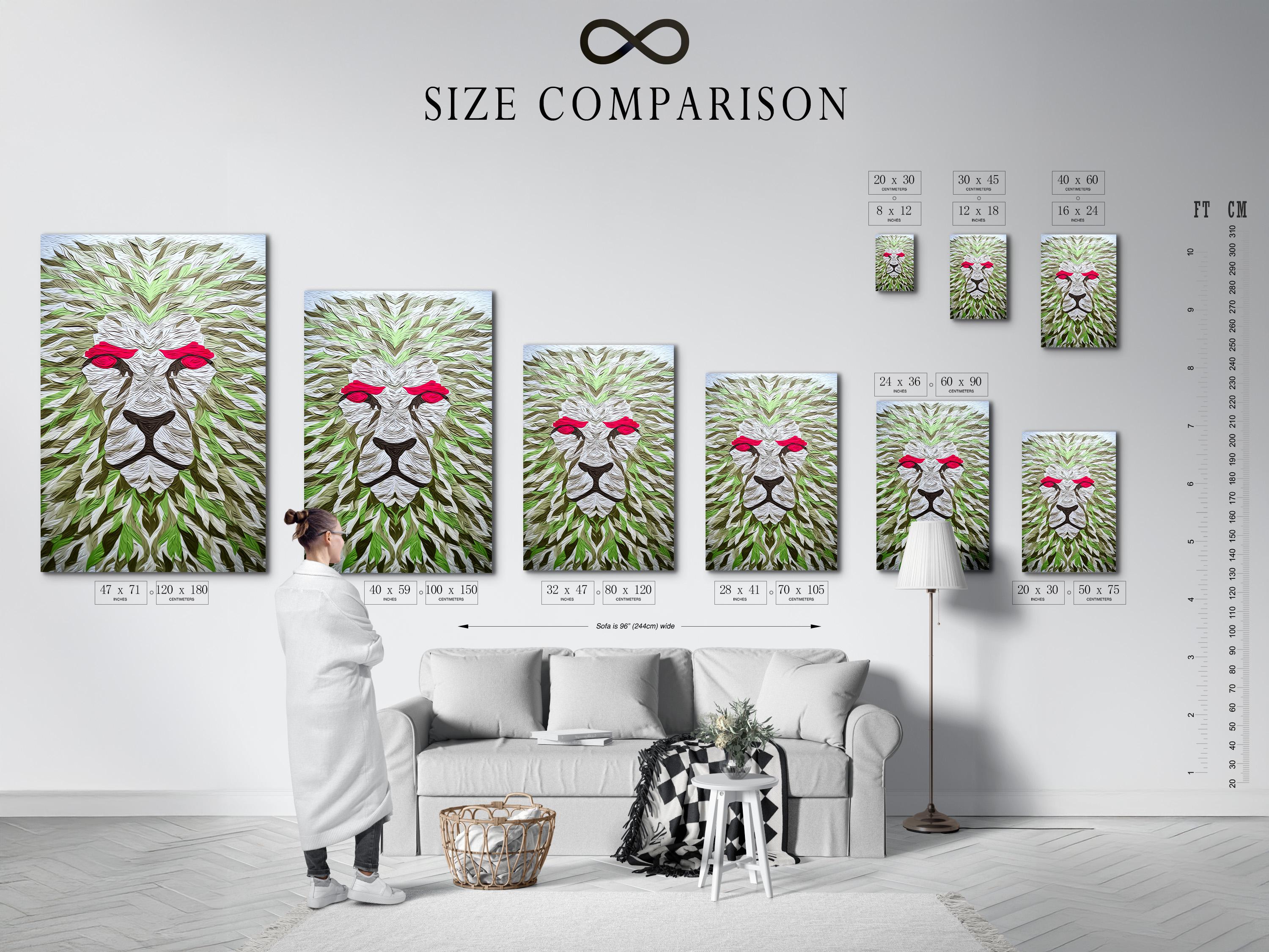 Room mockup showing a large lion artwork with green leaf pattern and red eyes above a bed