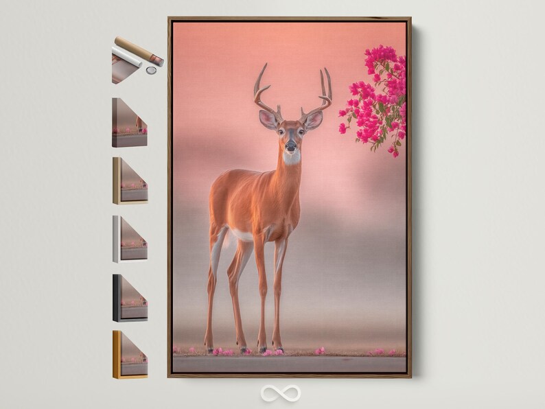 Deer portrait with tall antlers against a blush pink background and pink blossoms