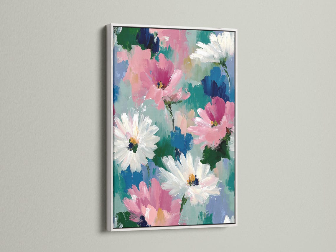 Abstract floral painting with pink and white daisy-like flowers, teal and blue background, and green stems detail view