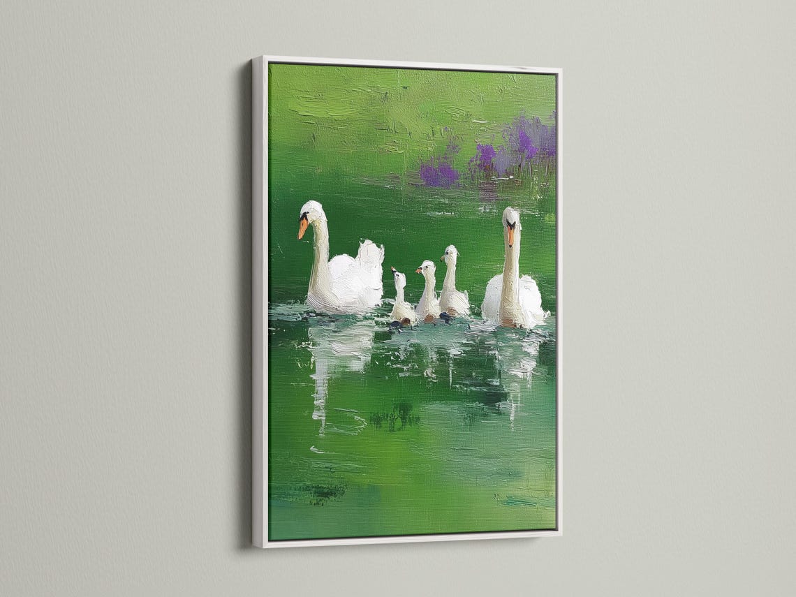 Room mockup with a framed green lake swan painting on a wall
