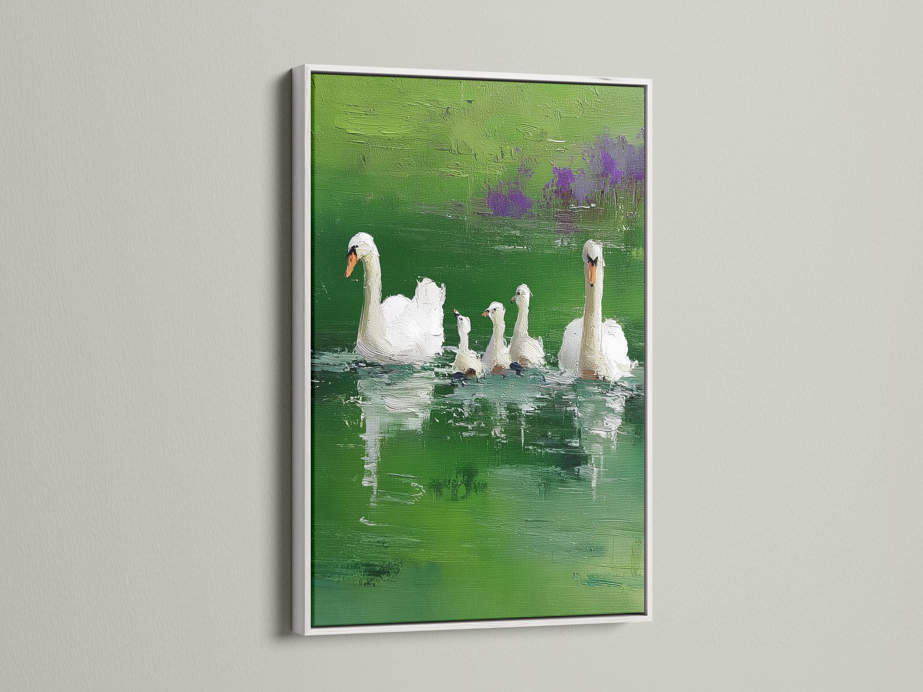 Room mockup with a framed green lake swan painting on a wall