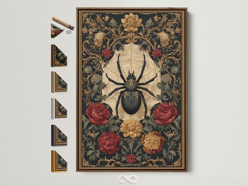 Gothic artwork with a central black spider, cream starburst, and roses
