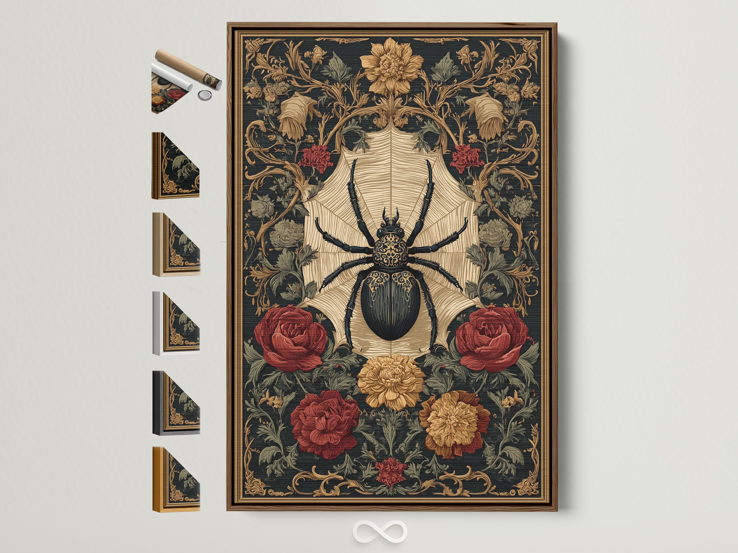 Gothic artwork with a central black spider, cream starburst, and roses