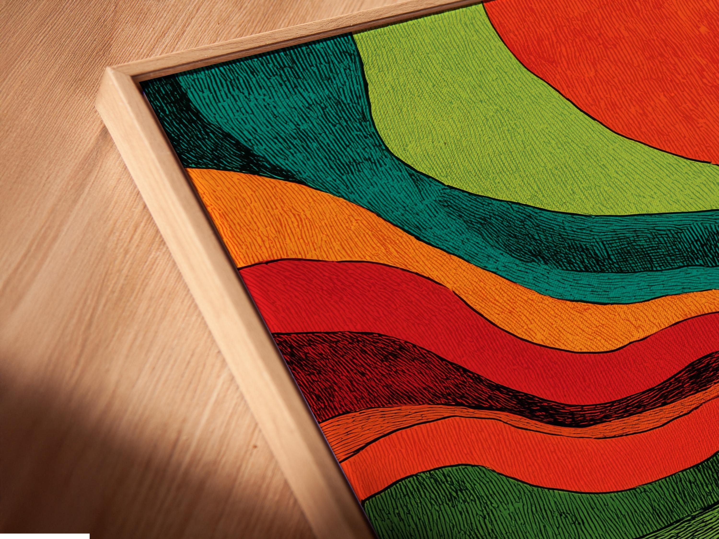 Retro abstract river artwork with bright blue water and vivid red, orange, green and teal bands detail view