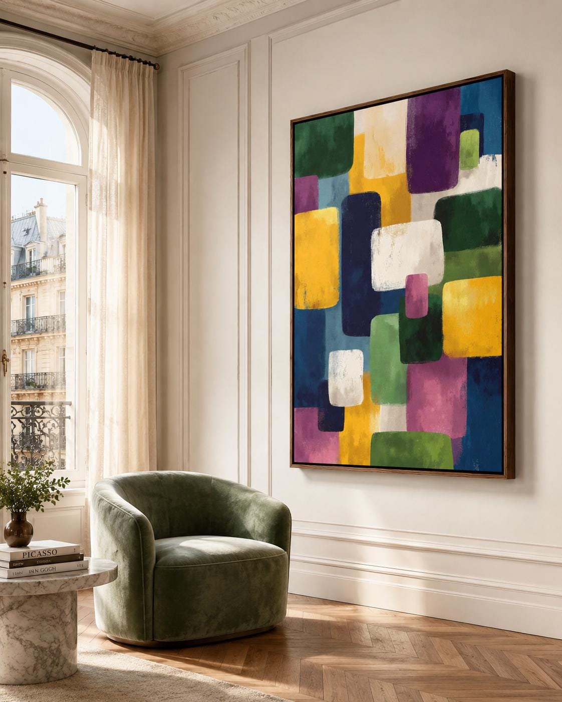 A framed geometric abstract artwork features overlapping colourful blocks—green, yellow, purple, blue and white—arranged in an irregular, layered