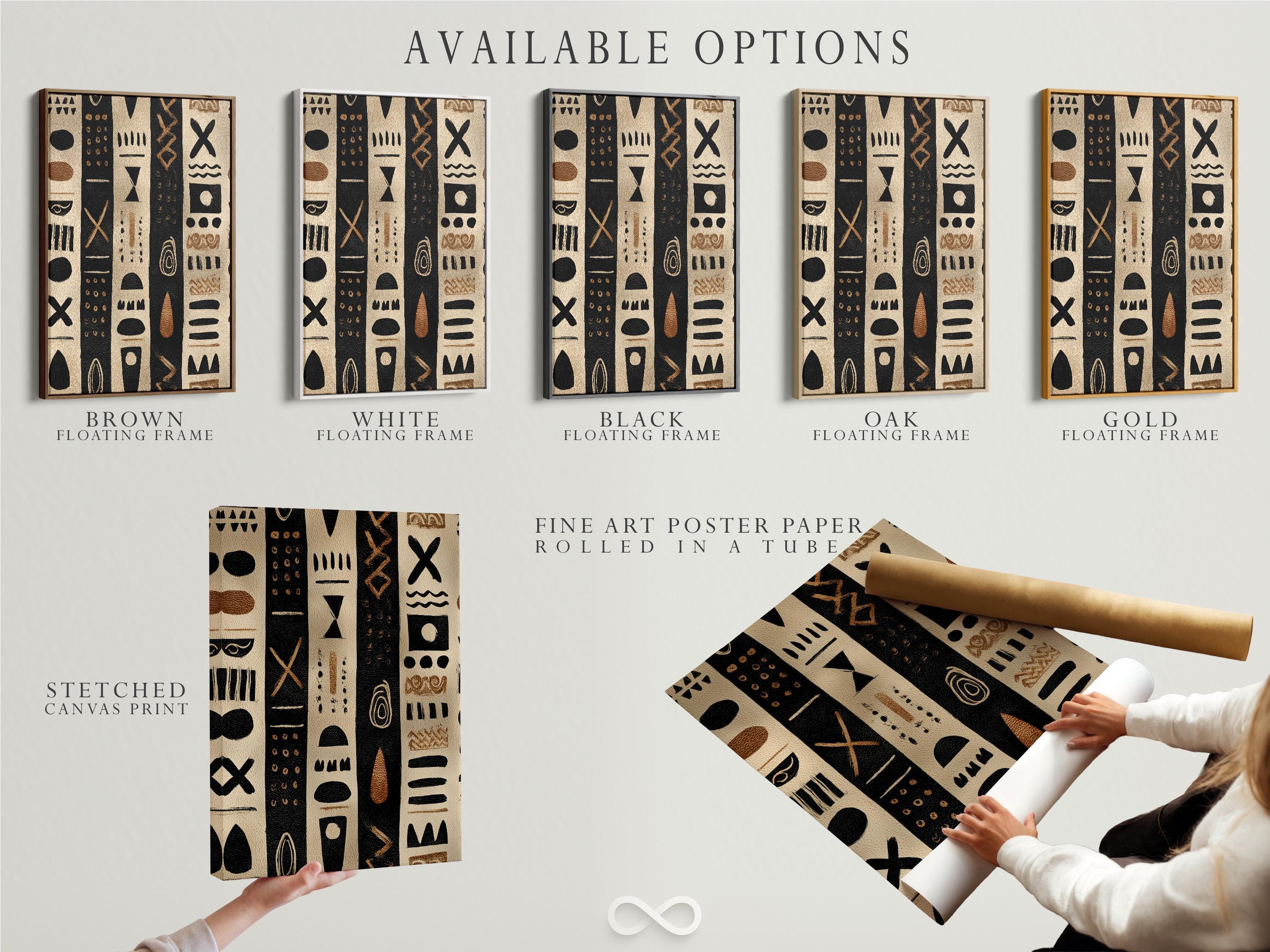 Beige and black geometric tribal-style artwork with vertical panels and dotted symbols detail view