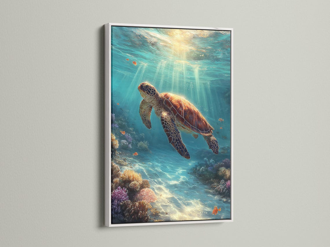Underwater ocean scene with a swimming sea turtle and coral reef below detail view