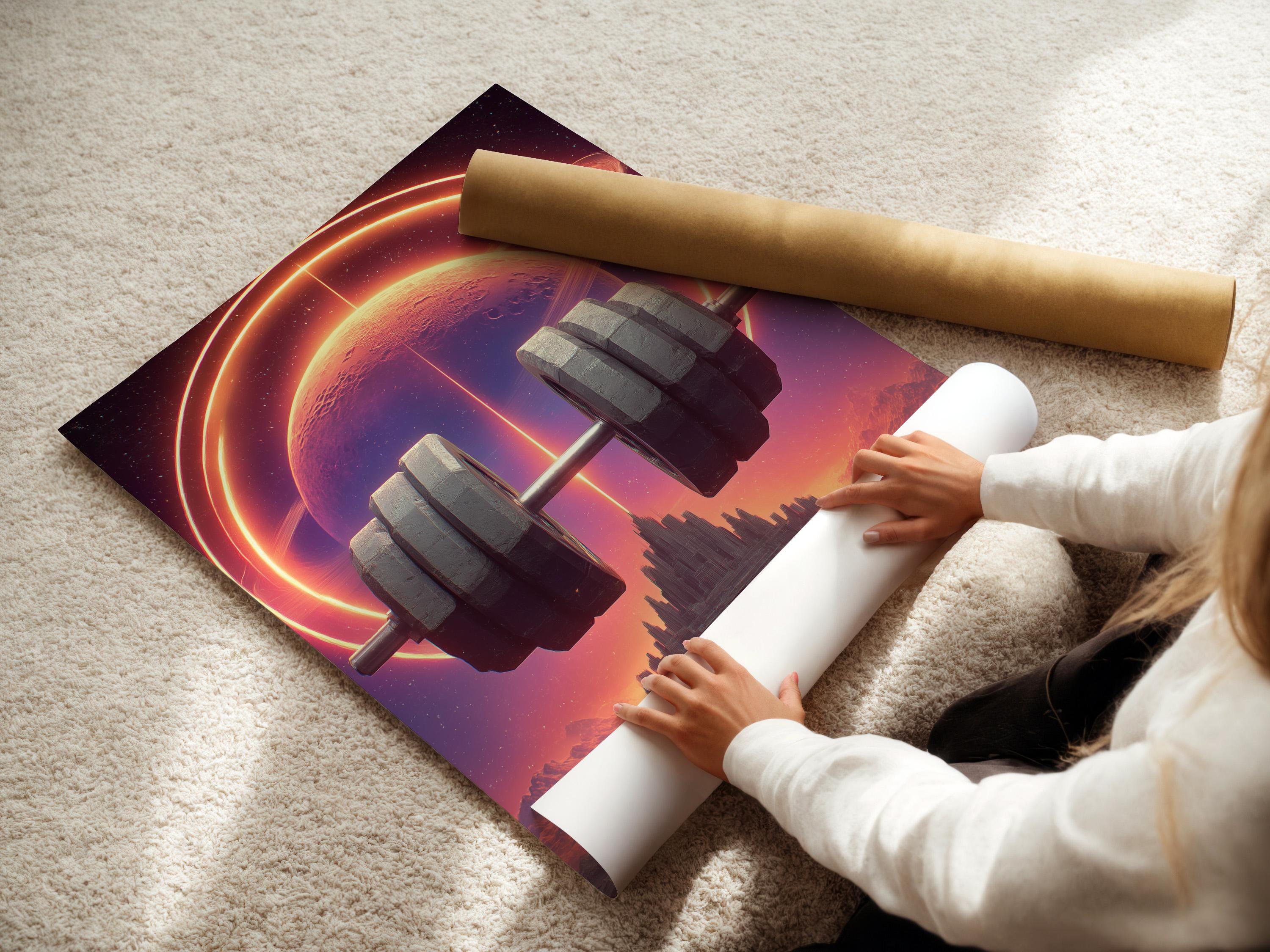 Futuristic gym wall art artwork mockup with neon planet and barbell
