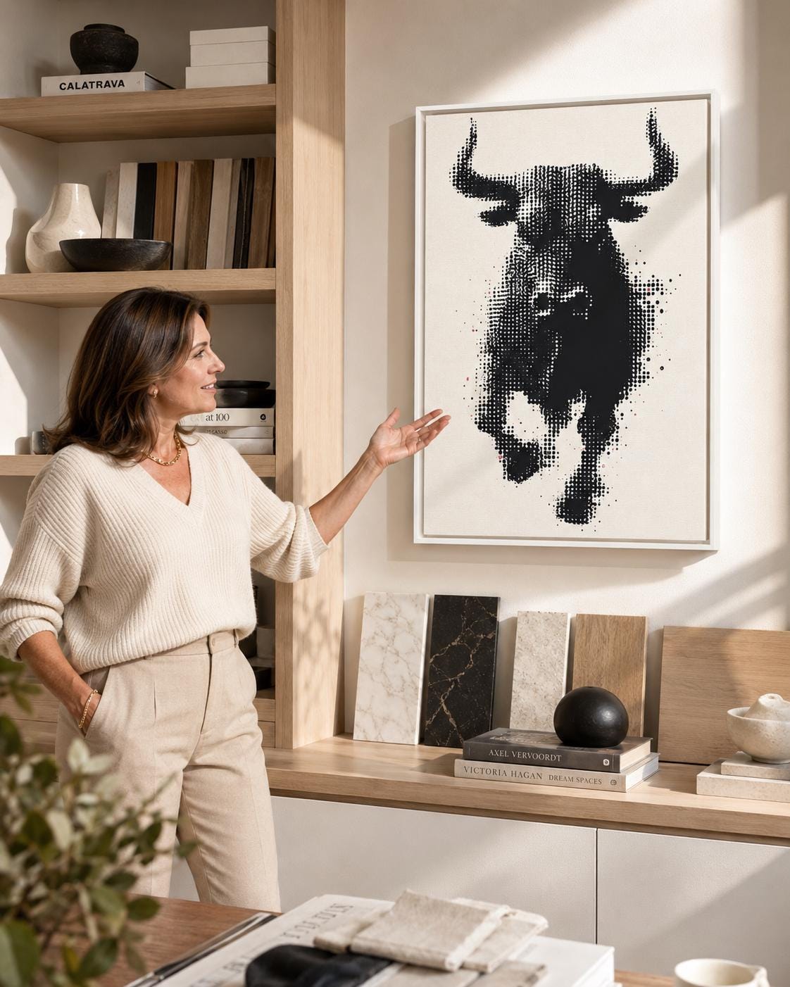 Black and white halftone bull head artwork with horns detail view
