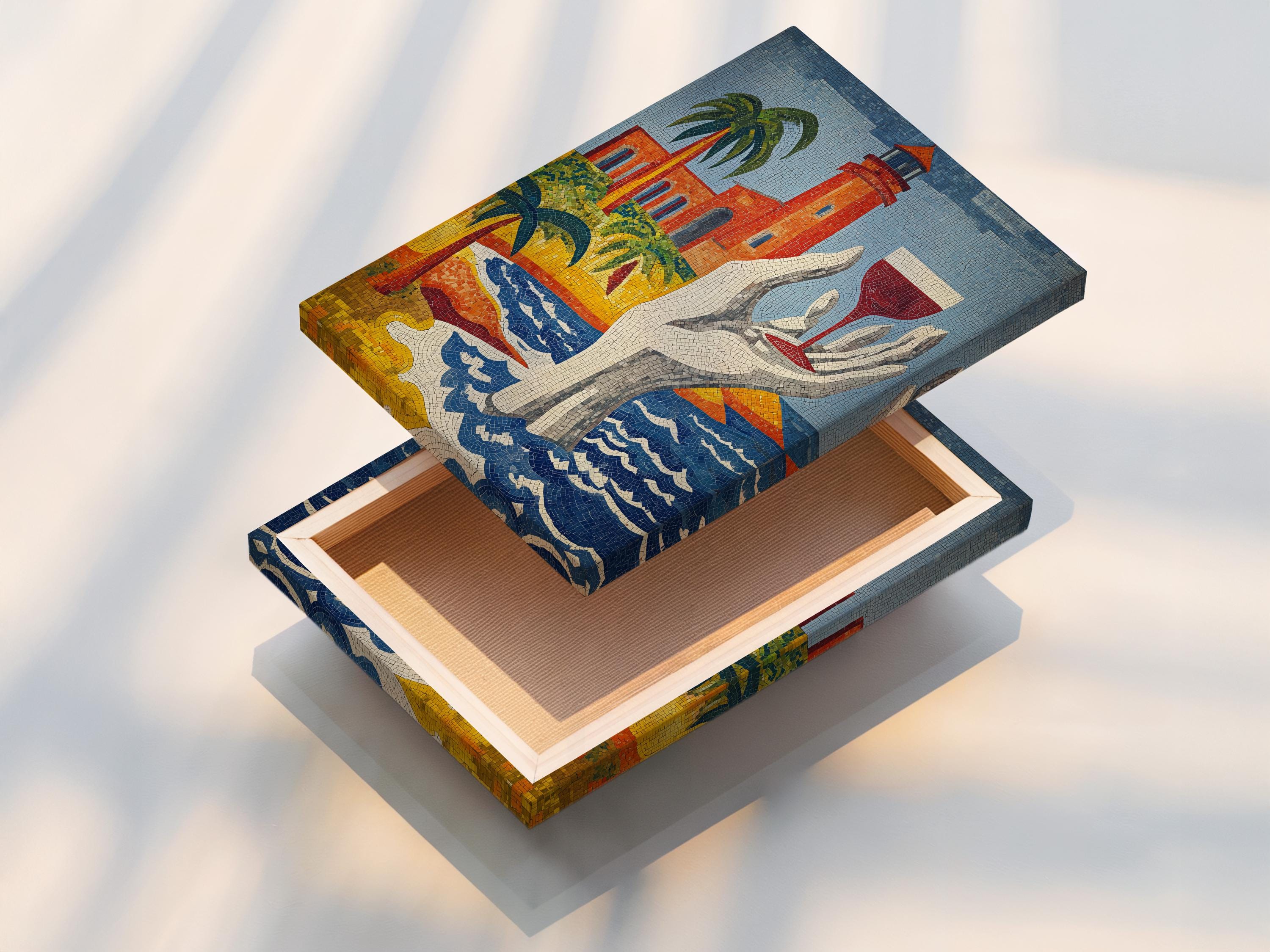 Mosaic lighthouse artwork with palm trees, a lifebuoy and blue wavy sea patterns detail view