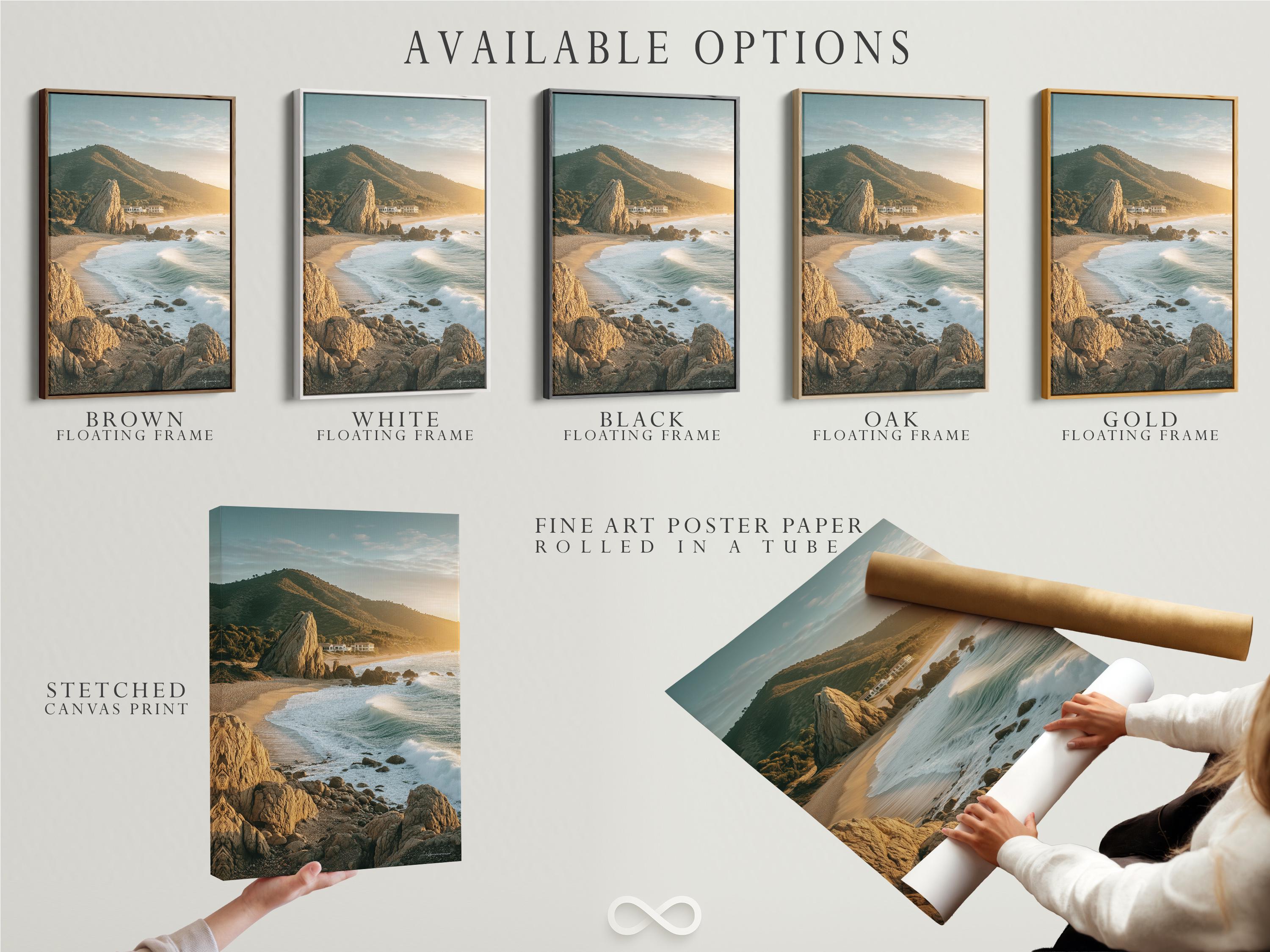 Golden hour seascape showing sandy shore, foamy waves, rocky cliffs and headland detail view