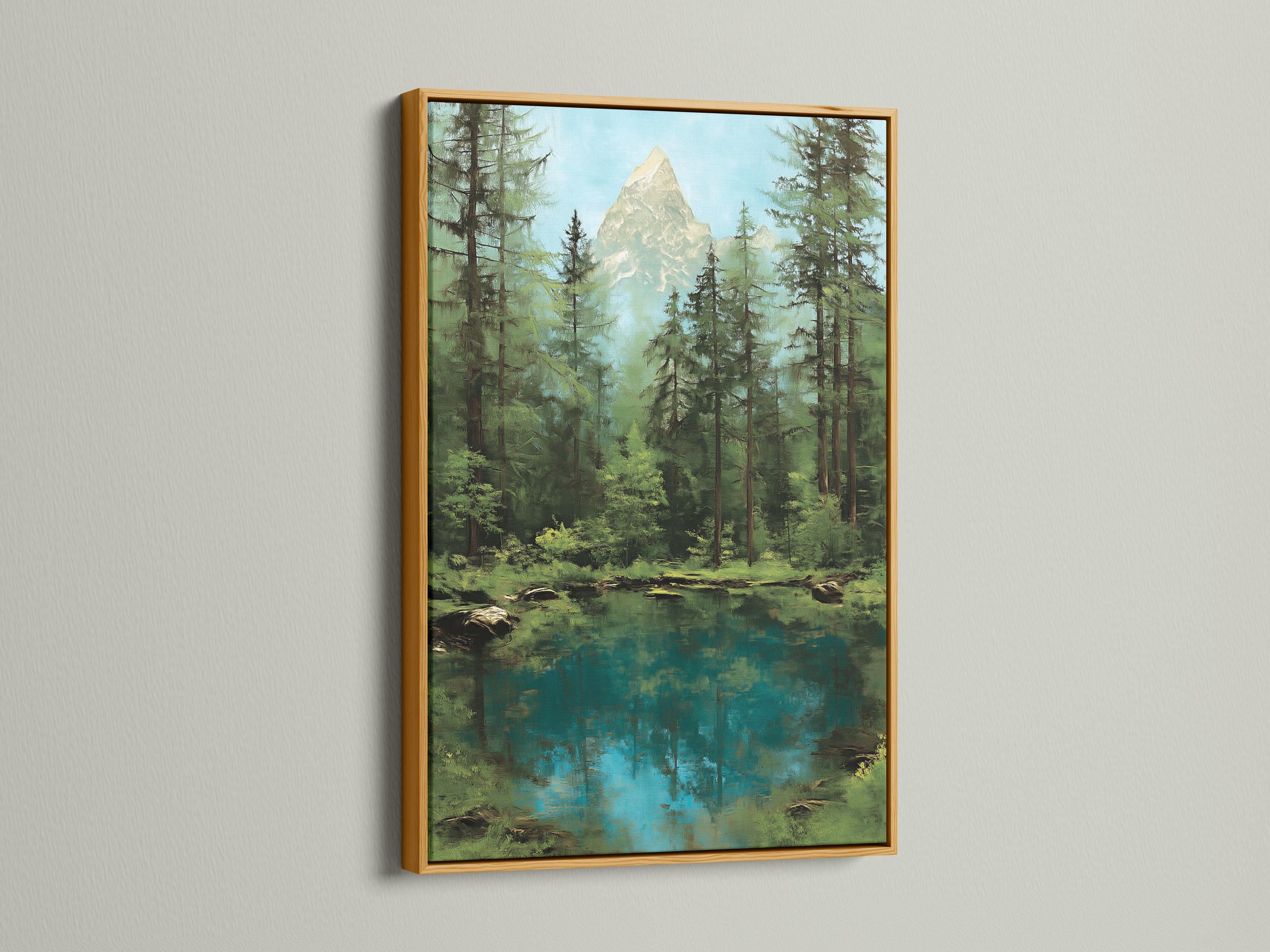 Forest mountain lake artwork shown in a room mockup with framed image