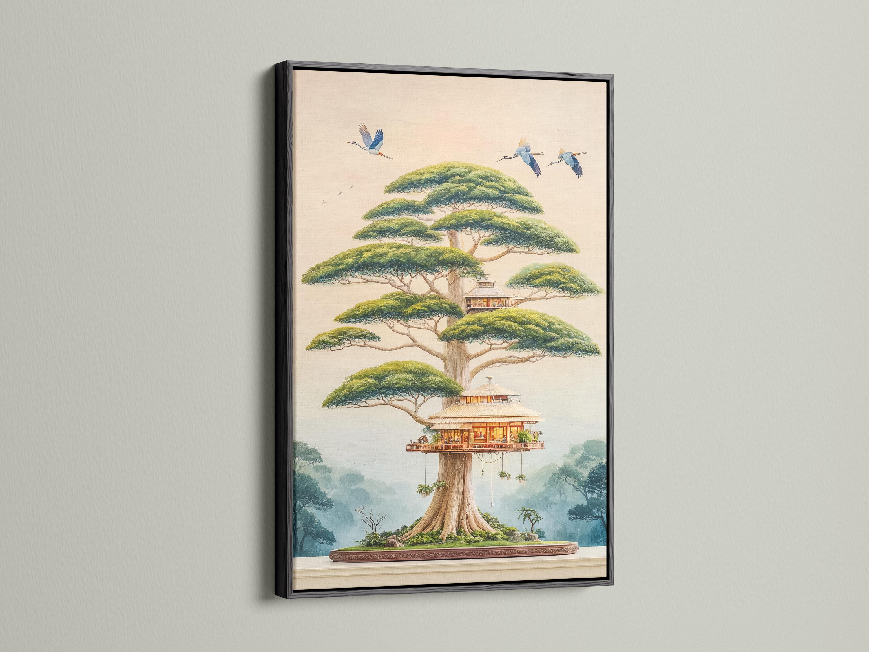 Bonsai-style tree house with blue birds flying over a misty landscape detail view